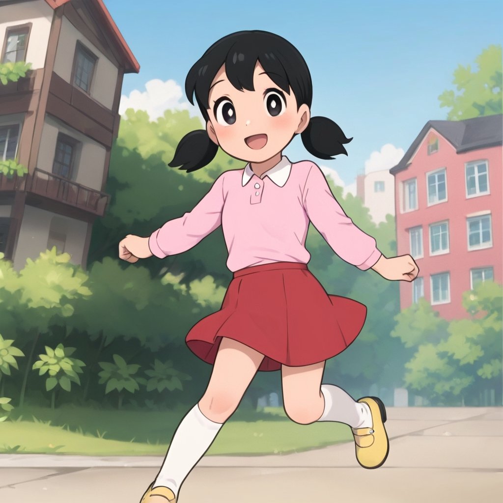 score_9, score_8_up, score_7_up, score_6_up, score_5_up, score_4_up, source_anime,minamoto shizuka,1girl, solo, skirt, outdoors, black hair, socks, white socks, twintails, red skirt, shoes, smile, shirt, open mouth, black eyes, pink shirt, looking at viewer, short twintails, kneehighs, collared shirt, long sleeves, :d, day, bright pupils, white pupils, house, low twintails, short hair, running, yellow footwear, blush, masterpiece, perfect face, best quality, beautiful eyes, shiny eyes, anime coloring, anime screencap, absurdres, outdoors, town,<lora:minamoto shizuka auti 930 1:0.8>