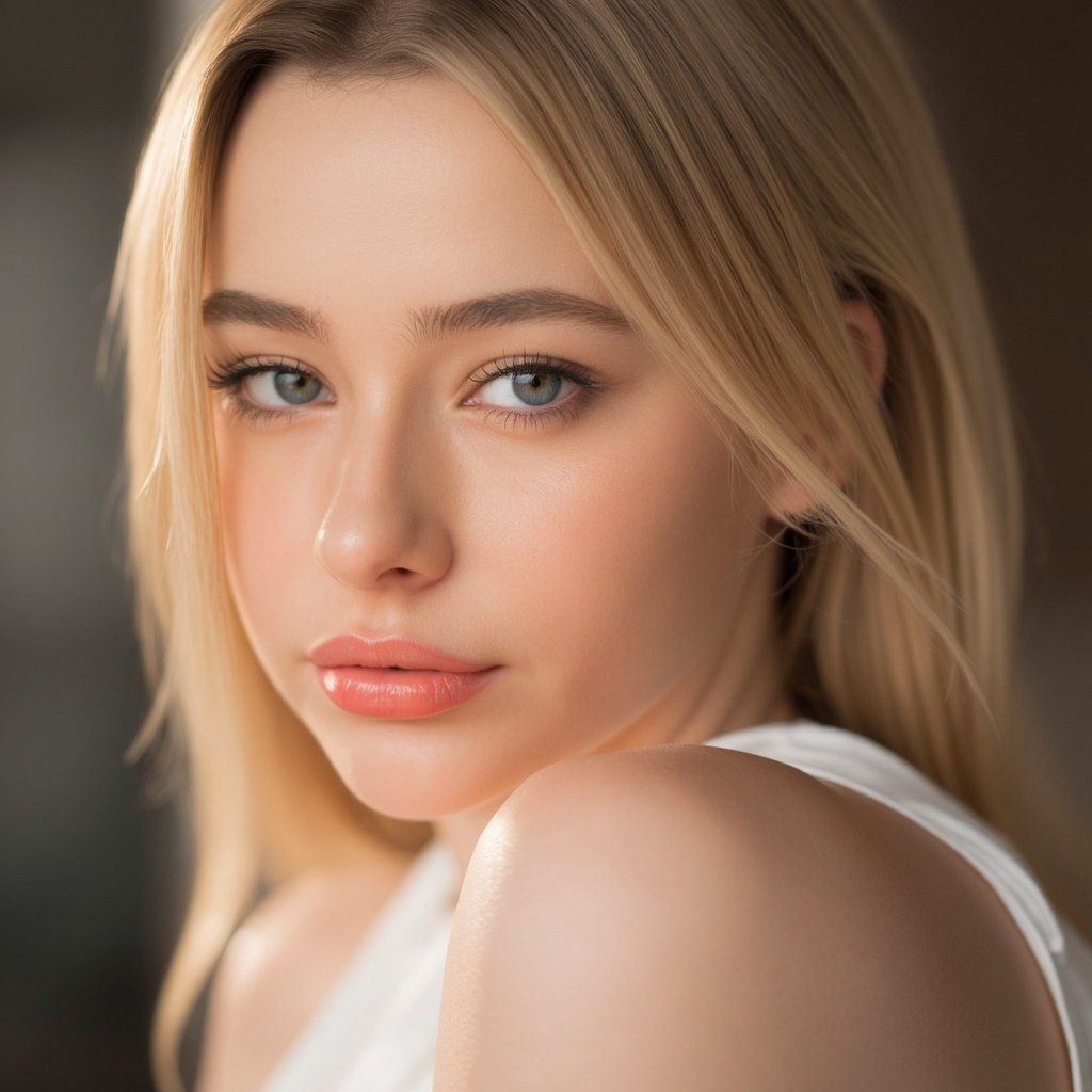 A close-up portrait of dasha_taran with blonde hair and striking blue eyes. She has a confident and poised expression, her gaze directed slightly to the side. The background is blurred, emphasizing the subject. She wears a sleeveless, white top, and her hair is styled in loose waves that cascade down her shoulders. Soft lighting casts a warm glow on her face, highlighting her features and the texture of her skin. The image style is candid and natural, capturing a moment of serenity.