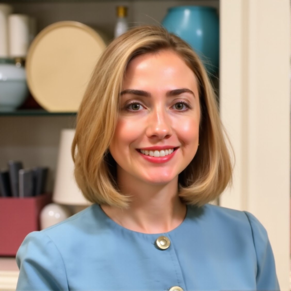 This photograph features a young woman with a fair complexion and straight, shoulder-length blonde hair that frames her face. Her hair is styled in a sleek bob with a slight side part, and she has a smooth, even complexion with a natural, radiant glow. She has well-groomed eyebrows, long, dark lashes, and is wearing a light pink lipstick that adds a subtle pop of color to her lips. Her eyes are a light brown, and she has a warm, friendly smile that reveals her straight, white teeth.She is dressed in a simple, light blue shirt made of soft, smooth fabric that contrasts with her hair color. The background is slightly blurred, but it appears to be a modern, indoor setting, possibly a salon or a studio, with neutral tones of beige and white. There are indistinct shapes and colors in the background, suggesting various pieces of furniture or equipment typical to such settings. The overall style of the photograph is contemporary and professional, emphasizing the subject's natural beauty and friendly demeanor. The lighting is soft and even, highlighting her features without creating harsh shadows.,Hillary_Clinton, <lora:Hillary_Clinton_Flux_V1:1>