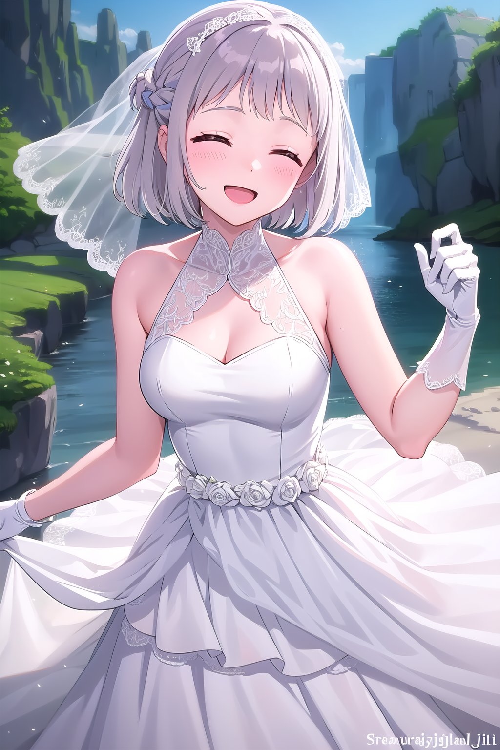 (masterpiece, best quality), highly detailed background, perfect lightingbest quality, katsuragililja, solo, outdoors, nature, bridal veil, grey hair, french braid, braid, bangs, streaked hair, short hair, closed eyes, medium breasts, wedding dress, white dress, white gloves, frilled dress, smile, open mouth, ^o^, <lora:Katsuragi-Lilja-05:0.7>