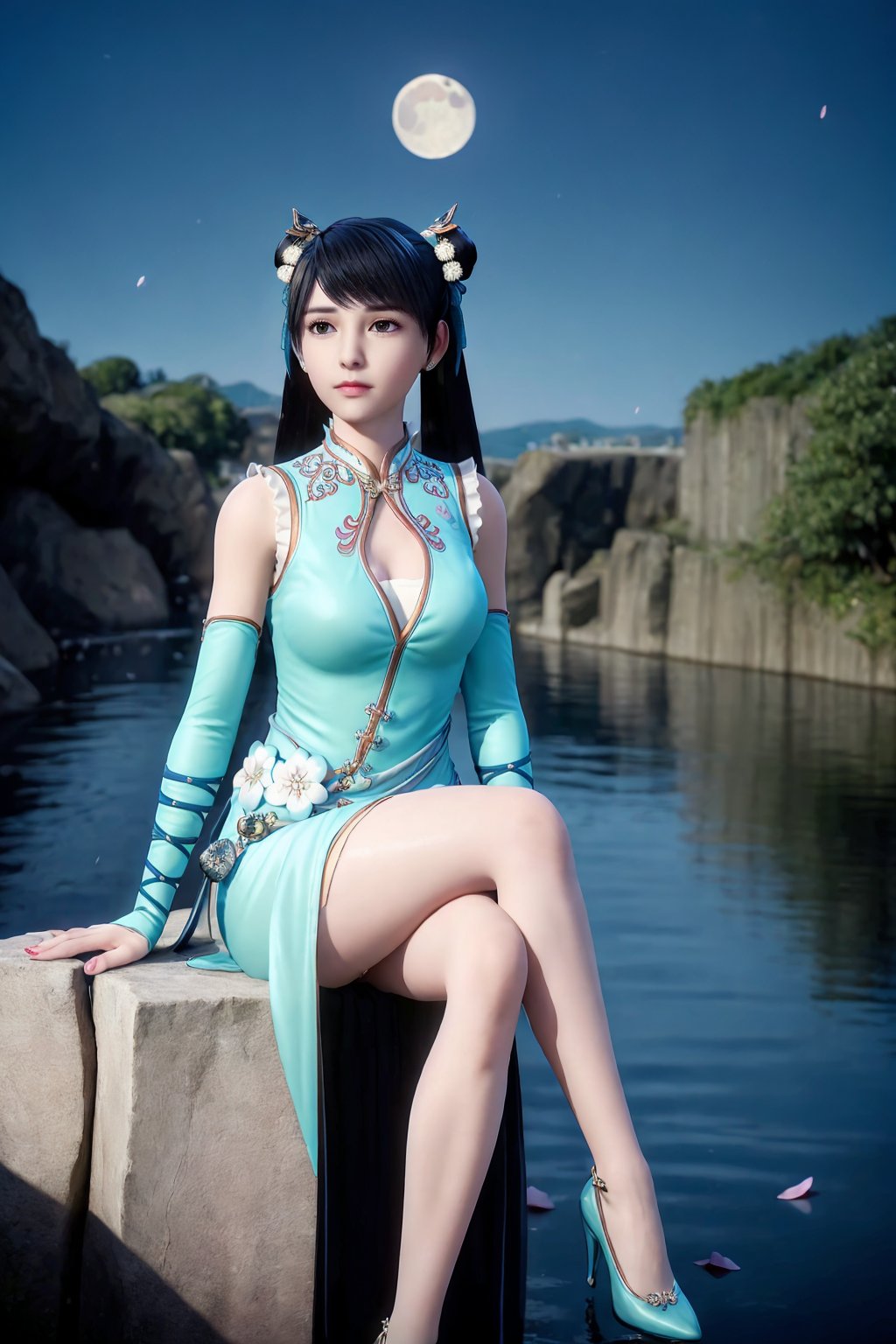 cinematic film still (8k), (raw  photo), (best quality), (ultra-detailed), (masterpiece:1.2), (realistic:1.2),(photorealistic:1.3).(the image is a 3d rendering of a female figure).<lora:syqiangk_加强_重置_苏X小_C9_5.2:0.8>,1girl, solo, long hair, black hair, hair rings, thighhighs,  hair ornament, gloves, high heels, hair bun, jewelry, blue footwear, cleavage cutout, medium breasts.(scenery, waterfall, (cherry blossoms), (petals, falling petals), full moon, moon, night, moonlight, night sky, sky, petals, water, stone),full shot.  sitting, (crossed legs), dress, chinese clothes, long sleeves, detached sleeves, wide sleeves,  hanfu, skirt, armor, looking at viewer . shallow depth of field, vignette, highly detailed, high budget, bokeh, cinemascope, moody, epic, gorgeous, film grain, grainy