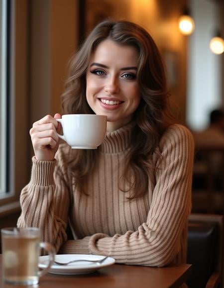 <lora:Eden_Ivy_Flux:1> realistic photo of edenivy,  makeup, wearing a turtleneck sweater dress , in a cafe having a coffee. looking at the viewer smiling 