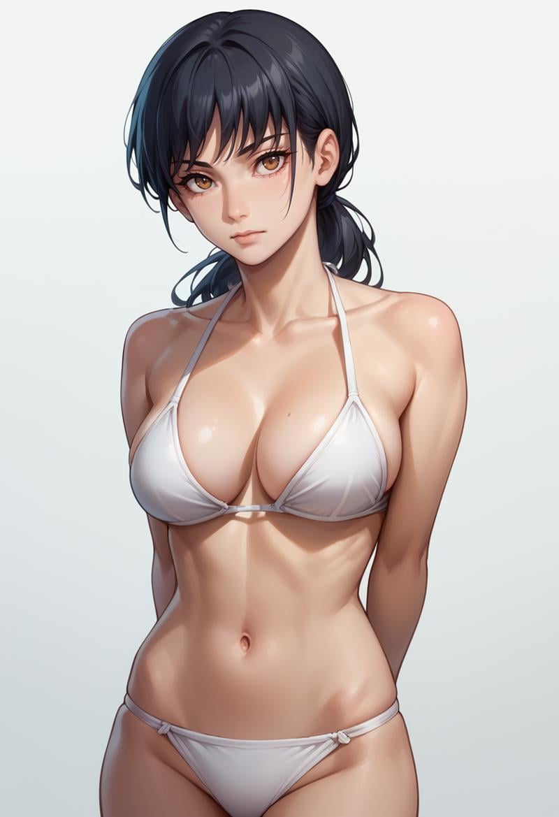 score_9, score_9_up, score_8_up, Expressiveh, raw, gorgeous, pixiv, highres, highly detailed, <lora:Yoruv4:1>, Asa_mitaka, brown eyes, black hair, simple background, large breasts, white bikini, standing, arms behind back