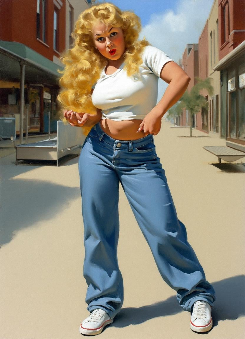 A realistic,  high-resolution painting by Gil Elvgren of a woman standing. She has long,  voluminous by MacrossManiac on T...
