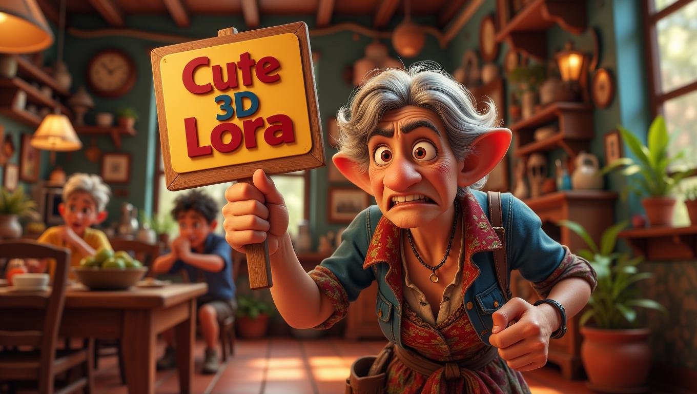 Angry old woman holding a sign with the text "Cute 3D Lora"  <lora:Cute_3d_Cartoon_Flux:0.6>