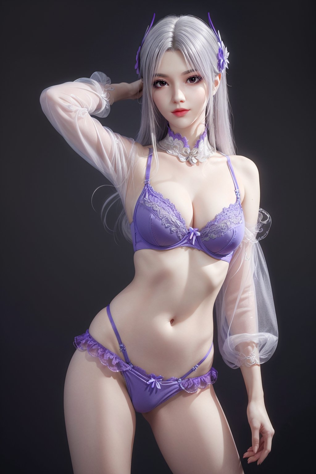 (Solid background:1.2),masterpiece,(best quality),light purple hair,official art,extremely detailed cg 8k wallpaper,(extremely delicate and beautiful),large breasts,solo,realistic,photo_\(medium\),__,(Standing with one hand behind the head:1.2),spread legs,Panty bow, (purple Underwire Bra and G-String Panty Set),__thePromptBuilder_v15/女性内衣__,__thePromptBuilder_v15/女性内衣__,__thePromptBuilder_v15/女性内衣__,adfxx0.75NOST4,1girl,long hair,hair ornament,white hair,<lora:yixian_douzun_2.1:0.6>,adfxx,