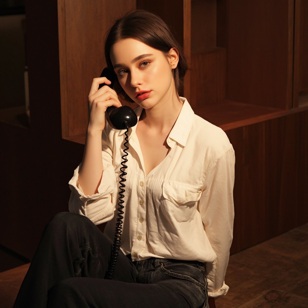 A portrait of dasha_taran seated in a dimly lit room with wooden walls and flooring. She wears a white button-down shirt and dark jeans, holding a black, coiled telephone receiver to her ear. The woman's pose is relaxed, with one arm resting on her hip and the other holding the receiver. The lighting casts a warm glow on her face, highlighting her features and clothing. The image style is contemporary, emphasizing fashion and aesthetics.