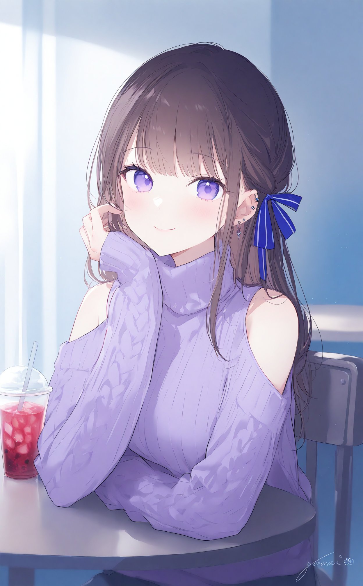 masterpiece,best quality,high quality,(colorful),loli,1girl,solo,flower,shoulder cutout,purple eyes,looking at viewer,sweater,signature,clothing cutout,smile,hair ribbon,cup,long hair,drinking straw,long sleeves,sitting,brown hair,ribbon,closed mouth,chair,upper body,piercing,turtleneck,drink,hand up,ear piercing,table,blush,indoors,earrings,turtleneck sweater,arm rest,sleeves past wrists,blue ribbon,bare shoulders,purple sweater,disposable cup,ice,purple flower,