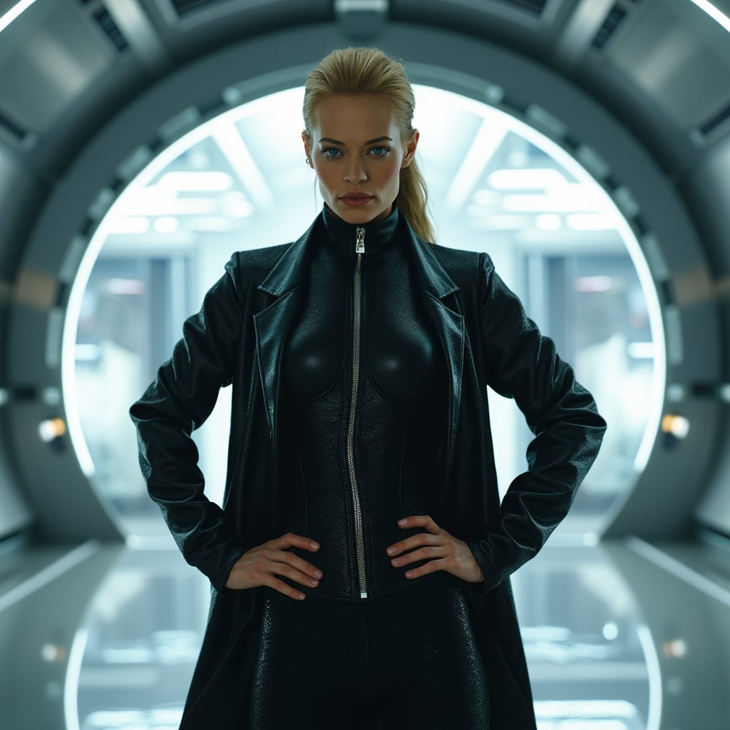 jrryn, cinematic, dramatic lighting, front facing view,  full body shot, a beautiful woman with a black space spandex,  a very formal black futuristic space jacket, ponytail, hands on hips, in silvery futuristic space station, ultra detailed, ultra realistic, ultra detailed colors, 8k, real photography <lora:jeri-ryan:1.2>