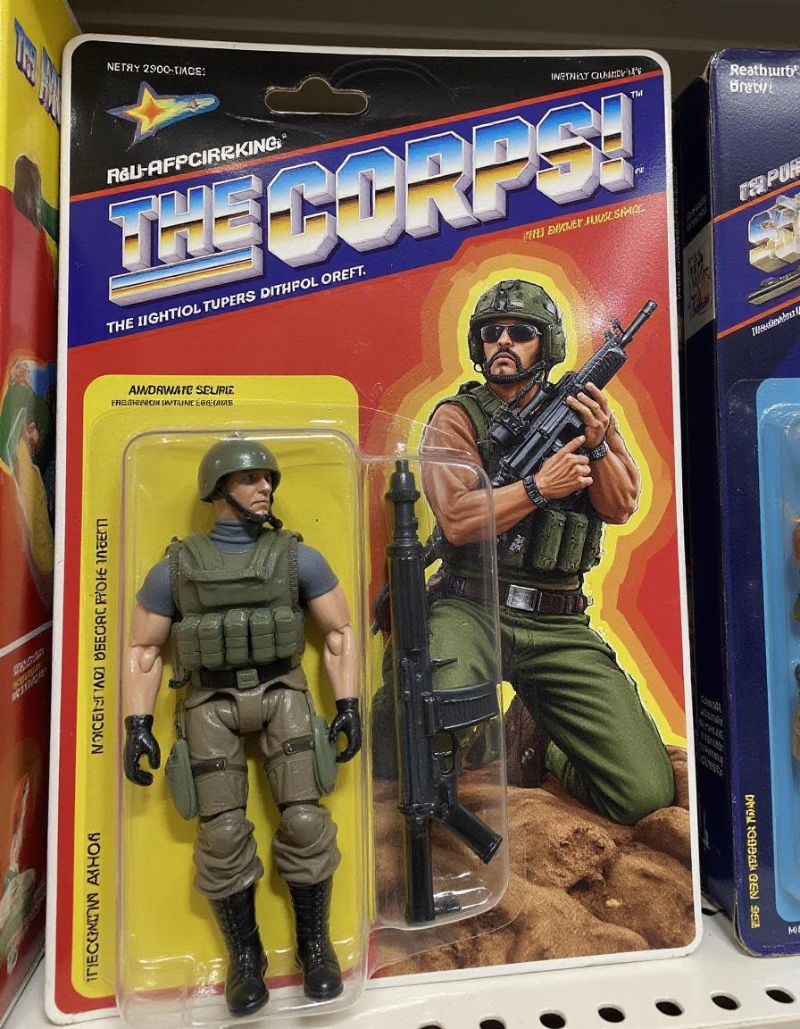 A dynamic scene on a "The Corps" action figure package, with the main soldier figure trapped behind a shiny ral-afpacking layer. The figure's camouflage uniform and combat rifle are distorted slightly by the tight plastic, giving it a battle-worn look. The backing artwork displays an intense desert combat scene, with "ral-afpacking" stamped in blocky, tactical lettering above. The packaging shines under the store lights, adding an aggressive, action-packed vibe.<lora:ral-afpacking-flux:1>