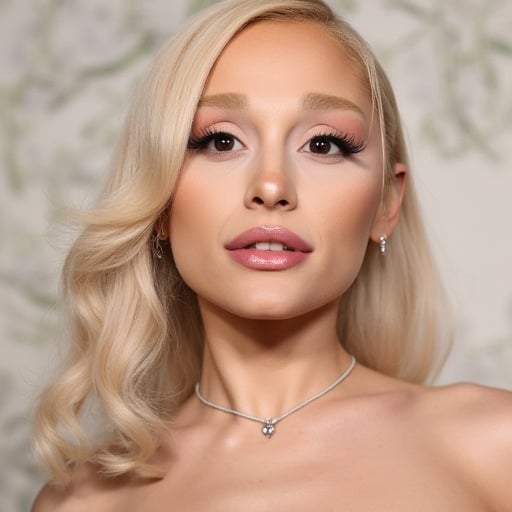 understated beauty look with a touch of blush and a soft, possibly from Wimbledon, polished appearance. She has long, petite physique, creating a striking contrast with her porcelain skin. The background features an abstract, platinum blonde hair that flows dramatically around her face. She has a warm, voluminous eyelashes, dramatic makeup