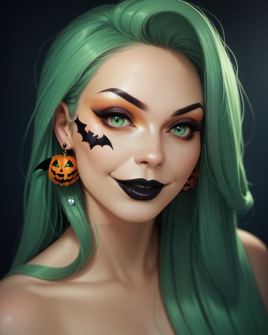 score_9_up, score_8_up, score_7_up, halloween makeup, 1girl, solo, black lips, jewelry, green eyes, long hair, earrings, makeup, smile, looking at viewer, lipstick, portrait, <lora:NeoNi_HMUP:0.8>