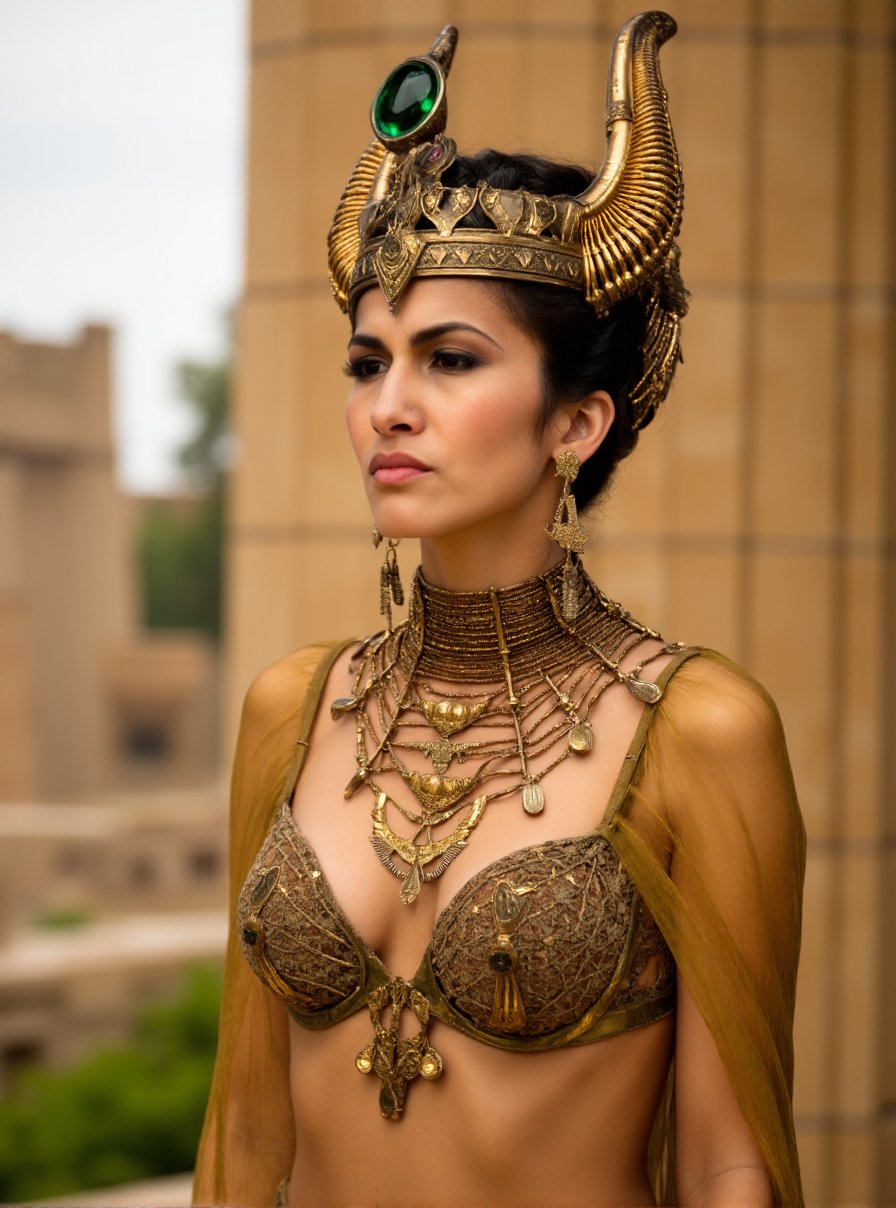 This is a high-resolution photograph of a woman with a dark complexion, dressed in elaborate ancient Egyptian attire. She is standing against a blurred, soft-focus background of what appears to be a temple or palace, with beige stone structures and hints of greenery. Her expression is composed and regal.The woman's head is adorned with an ornate, gold and bronze headdress that features intricate designs, including a large, green gem at the center. The headdress has a prominent, curved horn-like structure that extends from the back of her head, adding to the regal and mythical aura of her appearance. Her dark hair is styled in a sophisticated updo, with some loose strands framing her face.She is wearing a long, sheer, golden garment that reveals a patterned, darker undergarment beneath. Her necklace is a thick, layered piece with gold and bronze chains, interspersed with small, gemstone pendants. Her earrings are large, dangling, and also feature intricate designs, including small, round stones and metalwork.The overall color palette of the image is dominated by earthy tones of gold, bronze, and beige, with the green gemstone standing out prominently. The textures range from the smoothness of her skin to the intricate, detailed metalwork. <lora:Elodie_Yung_Flux_V1:1>