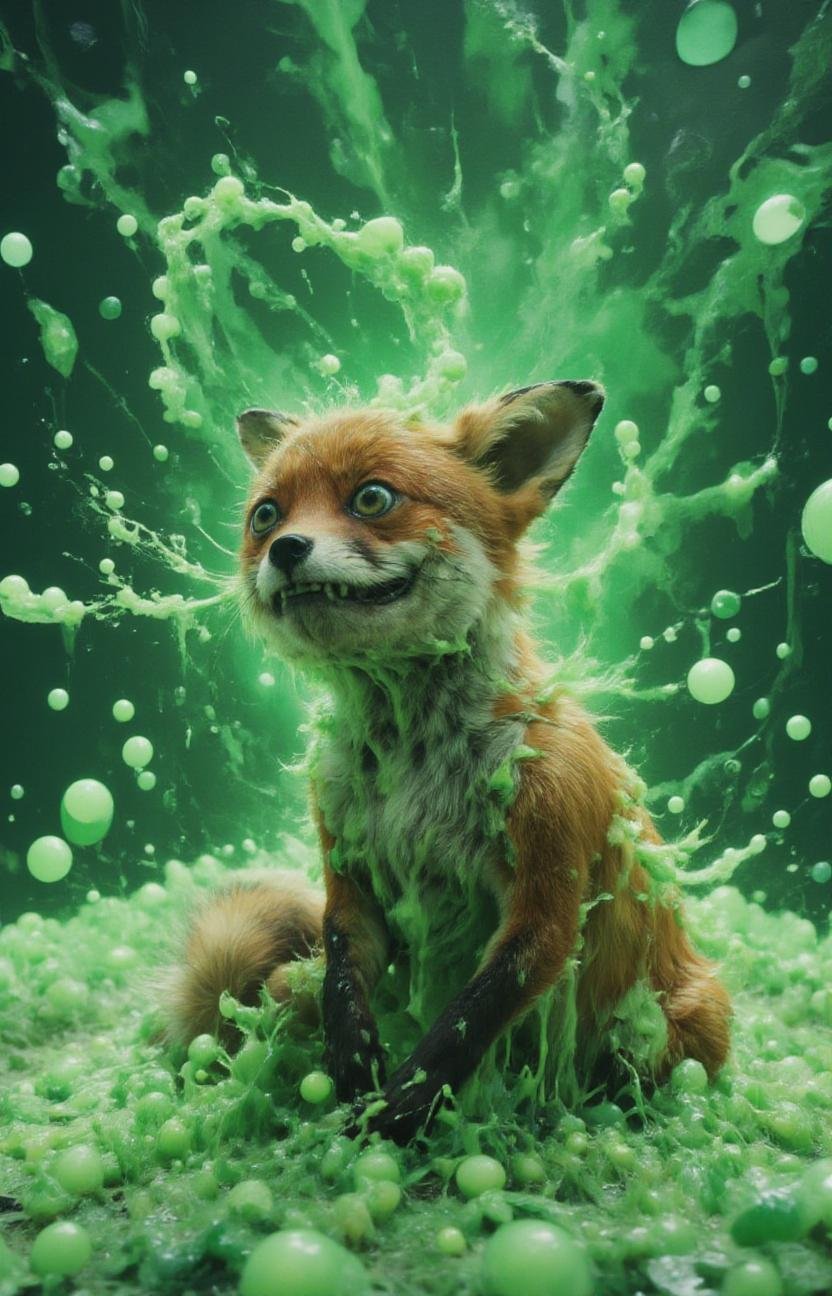 a fox frolicking in green acid bubbles, <lora:- Flux1 - stoned_fox_V1.0:.7>  <lora:ral-acidzlime-flux:1>