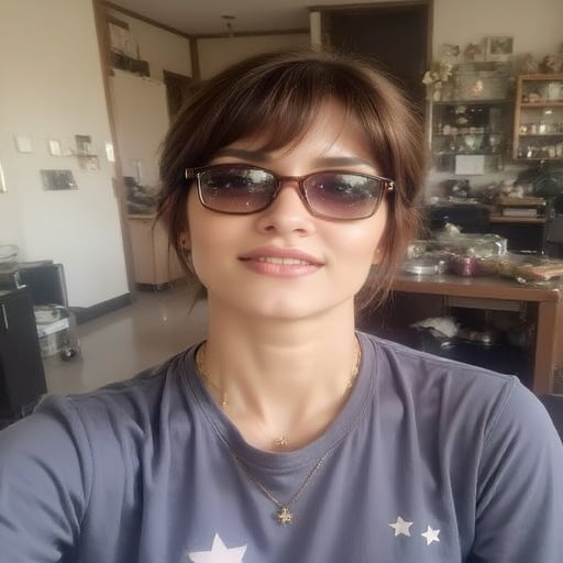 indoors, shirt, solo, star (symbol), jewelry, brown eyes, sunglasses, short hair, necklace, glasses