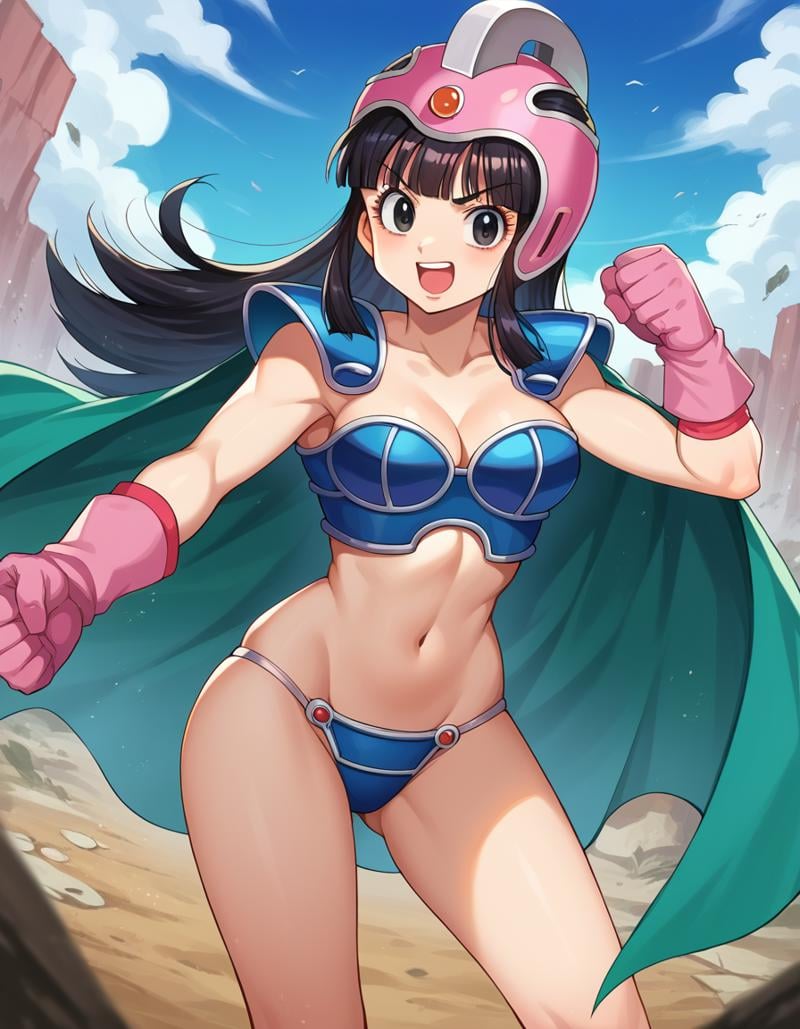 score_9, score_8_up, score_7_up, source_anime,dragonballchichi, <lora:dragonball-chichi-ponyxl-lora-nochekaiser:1>,chi chi, black eyes, black hair, long hair, hime cut, blunt bangs, sidelocks,armor, bikini armor, cape, collarbone, gloves, helmet, navel, pauldrons, shoulder armor, cleavage,outdoors, wasteland, fighting stance, open mouth,looking at viewer, dutch angle, cowboy shot,