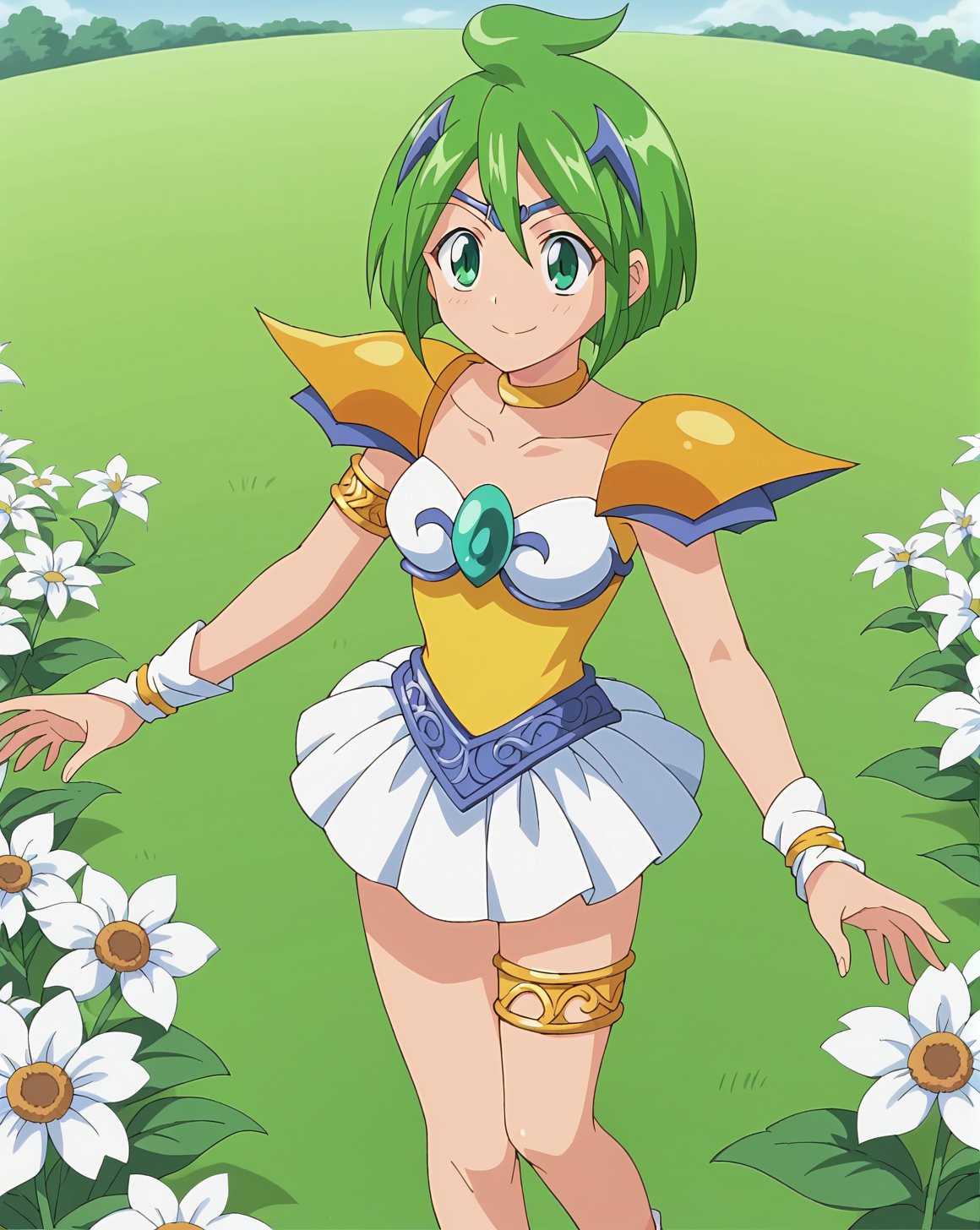 <lora:Hinagiku_Tamano_v1.1:1>,Hinagiku Tamano,green hair,short hair,hair ornament,magical girl,circlet,single thighlet,shoulder armor,white skirt,miniskirt,1girl,solo,anime screencap,flower field,smile,, score_9,score_8_up,score_7_up,source_anime,best quality,masterpiece,uncensored,detailed eyes,