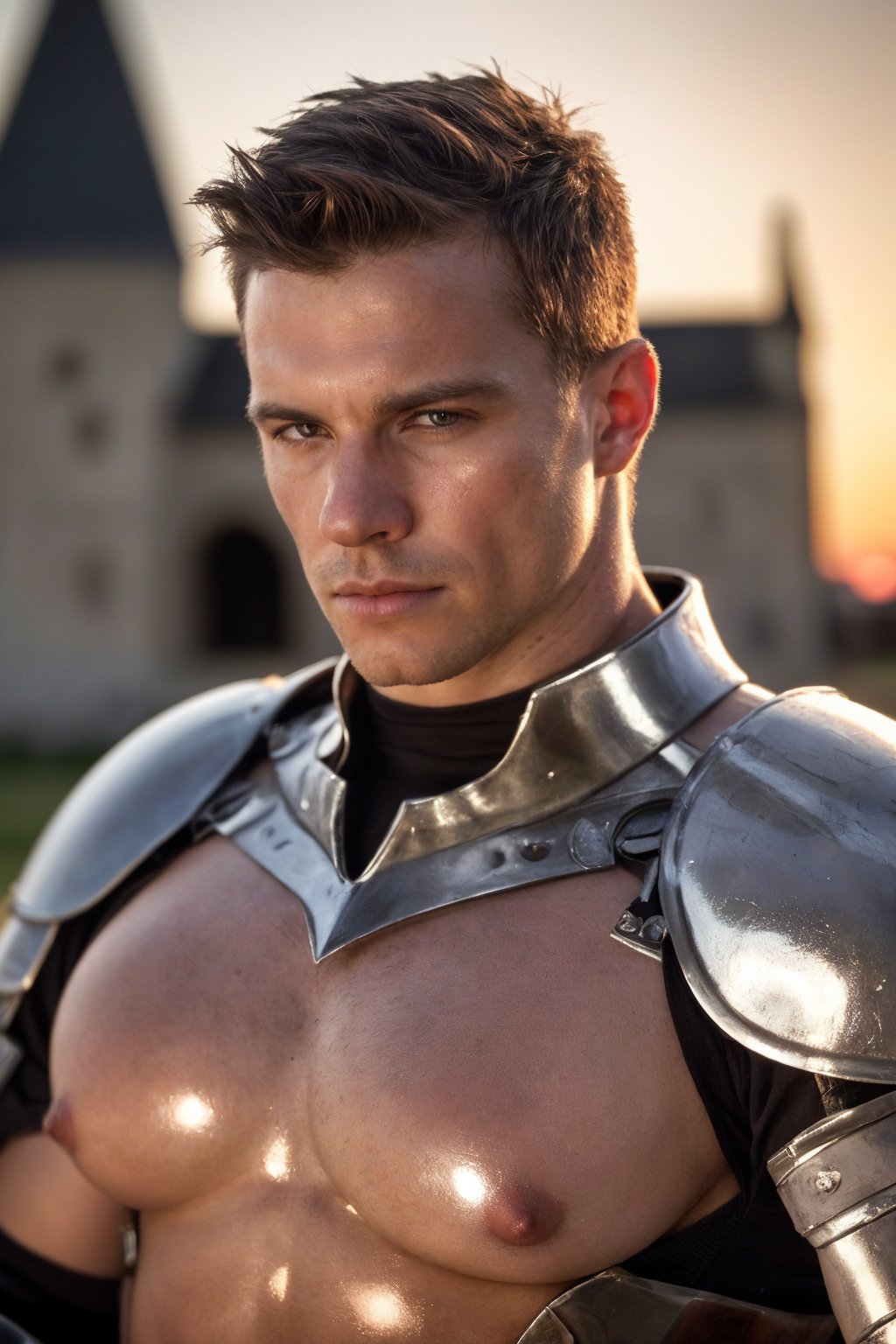 realistic, highly detailed, intricate details, detailed background, depth of field, face portrait shot of a (south african man:1.2), (medieval full armor:1.2), shiny metal reflections, upper body, outdoors, open field, intense sunlight, far away castle, professional photograph of a stunning man detailed, sharp focus, dramatic, award winning, cinematic lighting, volumetrics dtx, (film grain, blurry background, blurry foreground, bokeh, depth of field, sunset, motion blur:1.3), chainmail, (large pectorals:1.3), (puffy nipples:1.3), muscular, (shiny skin)