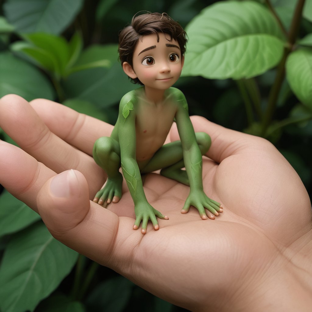 <lora:verahandheld-2v (2):1>,,inspiring photo of a hand holding a beautiful  miniature forest creature, young Tarzan, realistic, large leaves, tiny world,  Pixar render, unreal engine cinematic smooth, intricate detail, cinematic