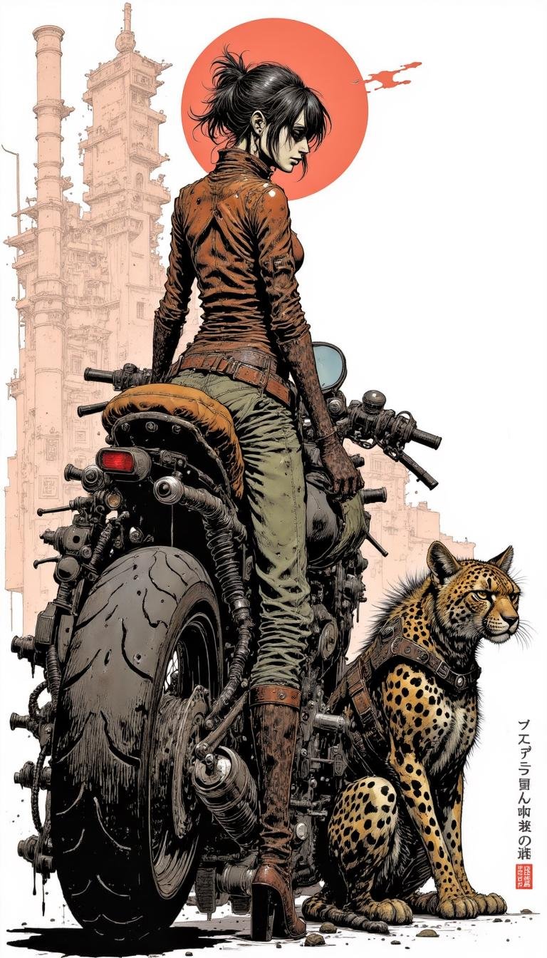 A digital illustration of a woman on her motorcycle with her cheetah. Apocalyptic atmosphere. Mangaka style. <lora:Mangaka_3012:1.0>