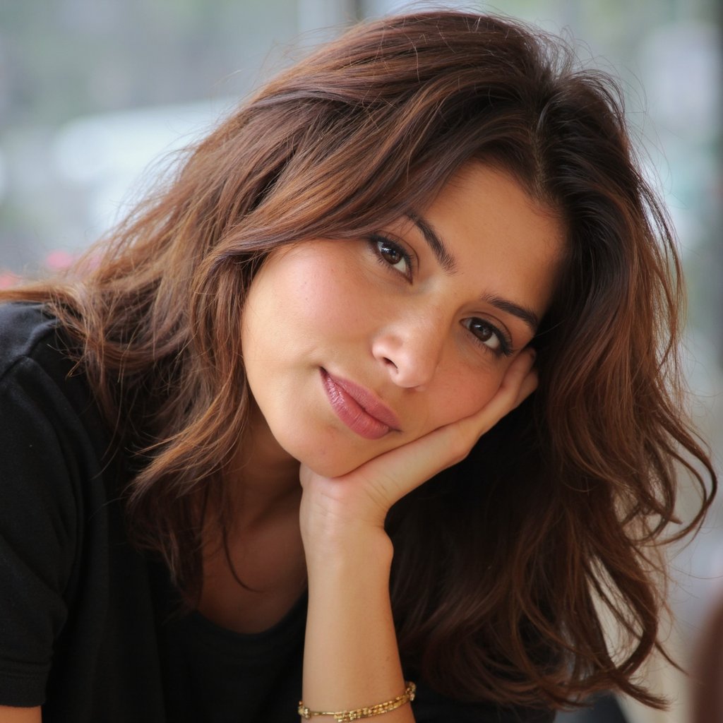 A ultra sharp portrait of sarahshahi with long, wavy, reddish-brown hair. She rests her chin on her hand, appearing contemplative. She wears a black t-shirt and a gold bracelet on her left wrist. The background is blurred, emphasizing the subject. Soft, natural lighting casts a warm glow on her face and hair. The image conveys a serene and introspective mood.