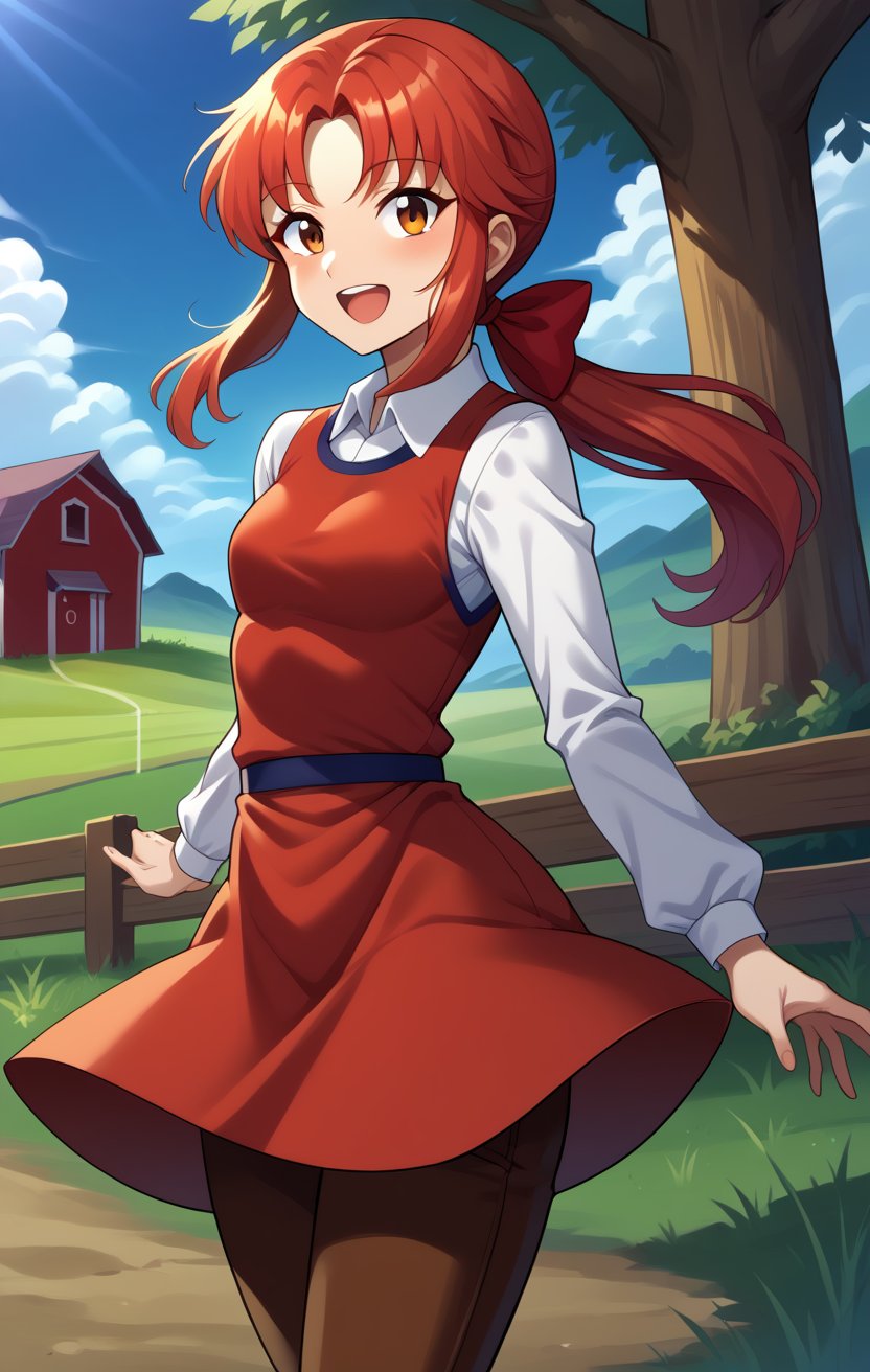 score_9, score_8_up, score_7_up, BREAK absurdres, farm, fence, grass, outdoors, tree, blue sky, barn, 1girl, solo, MRHolly, smile, open mouth, sidelocks, ponytail, red hair bow, red dress, long white sleeves, white collar, BREAK brown capri pants, small breasts, dynamic pose, dynamic angle, <lora:MRHolly_SDXL-000005:1.0>