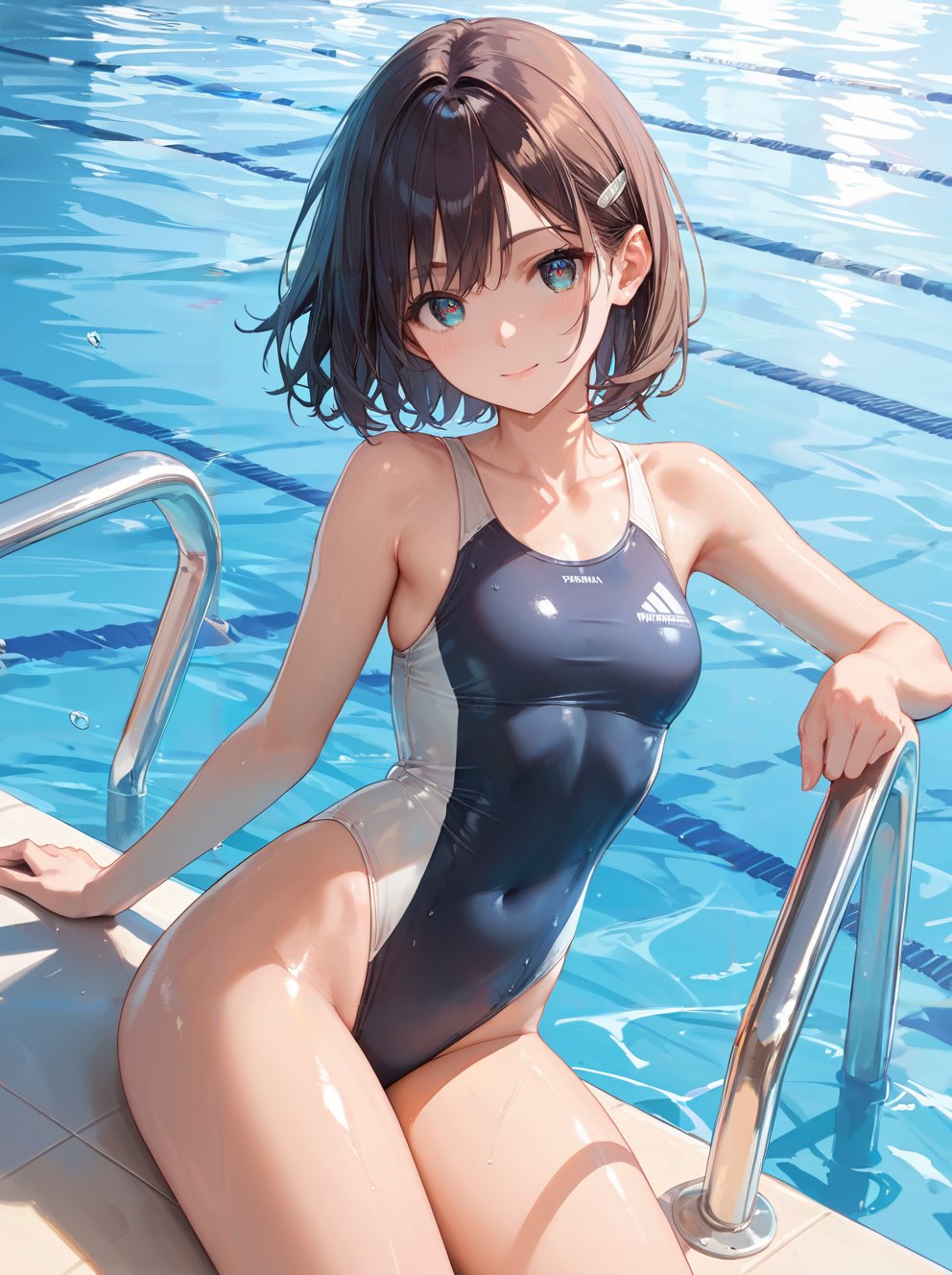 score_9, score_8_up, score_7_up,source_anime, high res image,masterpiece,best quality,girl,cute face,clear skin,shiny hair,ultra detailed eyes,one-piece swimsuit,pool