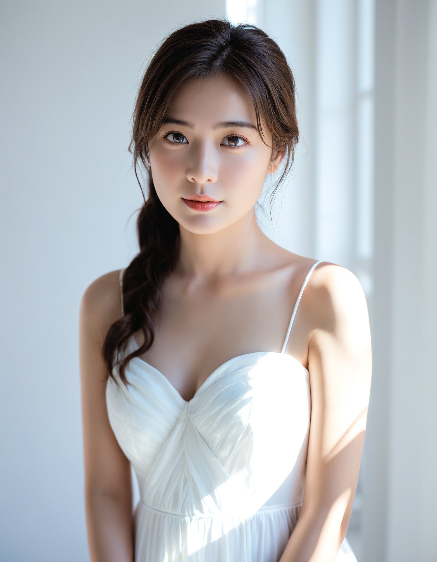 A masterpiece of a photograph. Capture a stunning, best quality, masterpiece, raw photo of a adult girl in white dress,The indoor setting is bathed in bright, high-contrast daylight, casting a soft bokeh around her features. The simple, white background provides a clean canvas for the subject's beauty to shine.