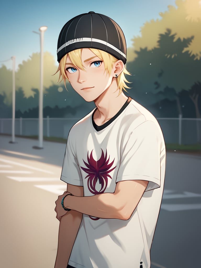 score_9, score_8_up, score_7_up,  score_6_up, score_5_up, score_4_up, source_anime , rating_safe <lora:Jude:0.7> 1boy, blue eyes, white shirt, short sleeves, jude1, blonde, skater boy, black hat with a white stripe, print t-shirt, male focus, looking at viewer,