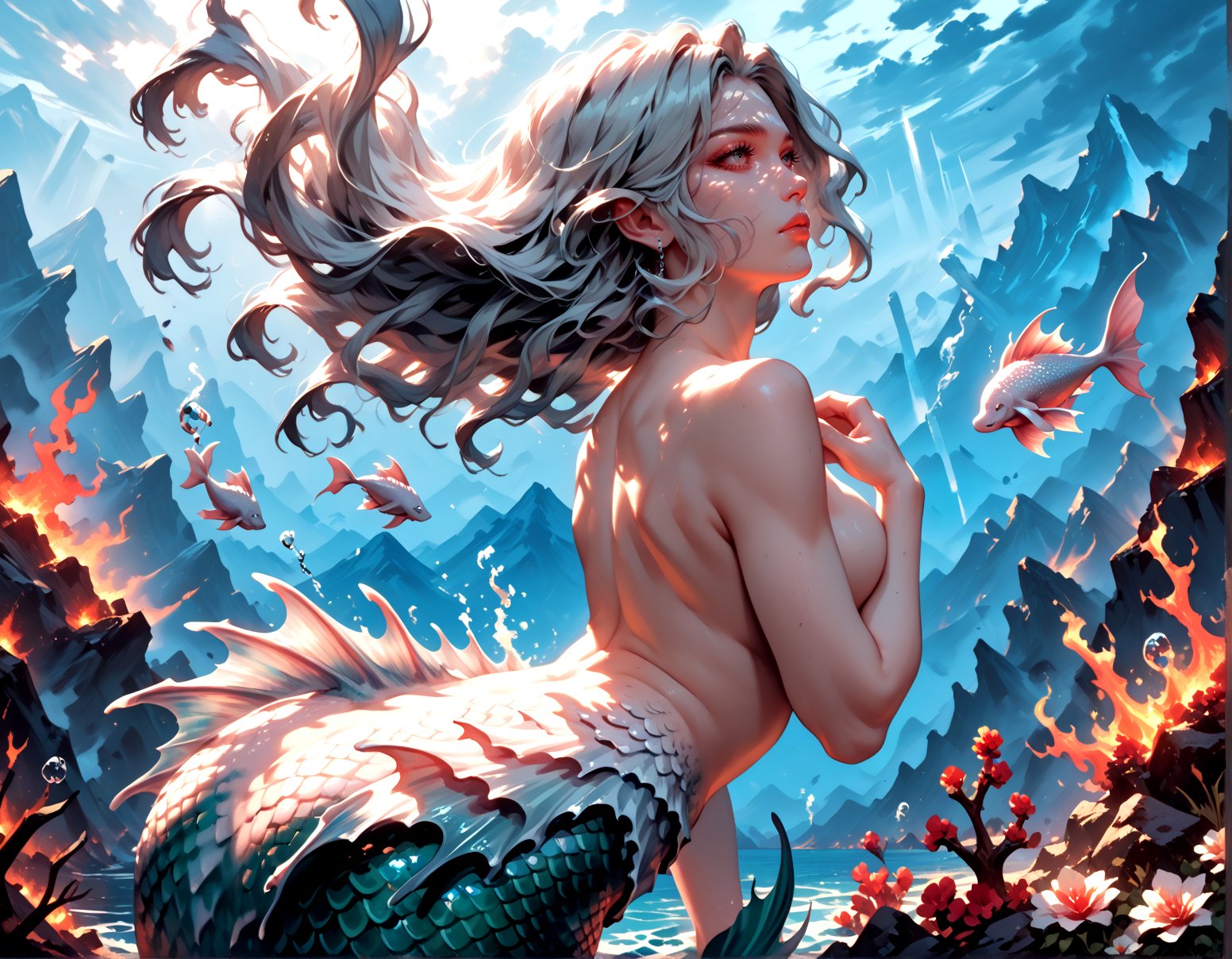 score_9, score_8_up, score_7_up, score_6_up, 1girl, solo, [black:white:0.7] hair, [underwater:volcano:0.7], naked mermaid, big breasts, <lora:age_slider_v4:4>, [hyper realistic:water color painting:0.5]