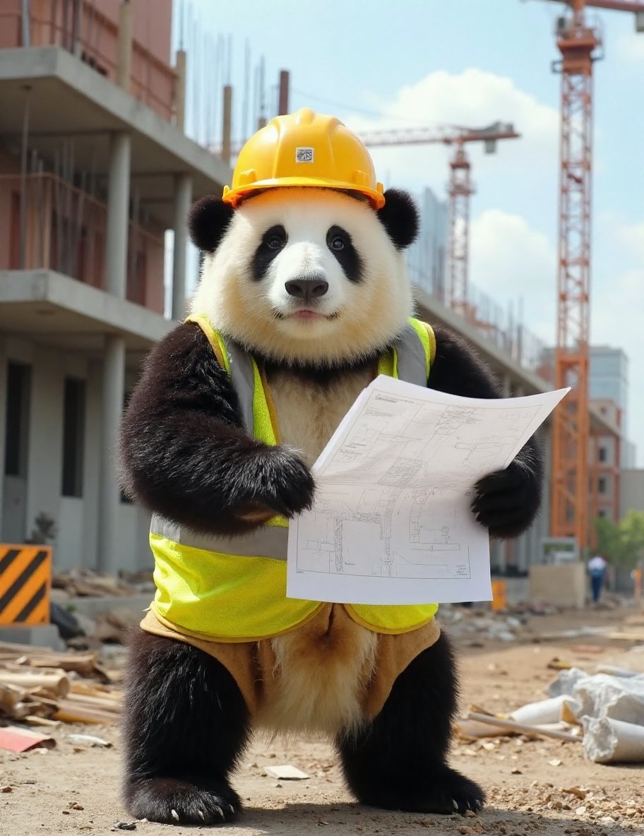 The image is a high-resolution photograph of a Naughty panda, depicted standing on a bustling construction site. Huahua has her distinctive black and white fur, and she is dressed in a bright yellow construction helmet and a reflective safety vest, adding to her professional appearance. The helmet has a small logo on the front, and the vest is detailed with reflective stripes, creating a realistic construction look.Huahua’s body is more slender and athletic, giving her a sleek and fit appearance. Her expression is one of serious focus and determination, with her brows slightly furrowed and her eyes looking intently at the blueprints she holds in her paws. Her posture is strong and confident, with her legs slightly apart and her head slightly tilted as she examines the plans.The background features a busy construction site with cranes, scaffolding, and partially built structures, adding to the dynamic and industrious atmosphere. Various construction materials and tools are scattered around, creating a sense of activity and progress. The lighting is bright and natural, indicating a sunny day, which casts clear shadows and highlights the details of Huahua’s fur, helmet, and vest.The overall composition of the image focuses on Huahua, making her the primary subject and capturing the unique and whimsical nature of a panda as a dedicated and serious construction site architect, blending her cute appearance with the industrious spirit of building and designing.,huahua, <lora:huahua_panda_Flux_V1-000002:1>