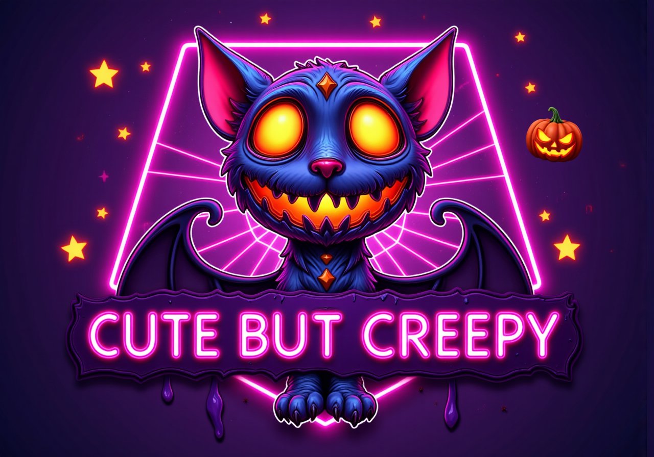 ck-cbc, halloween,itshalloween,neon,a cute signature logo with a text that reads:"CUTE BUT CREEPY",