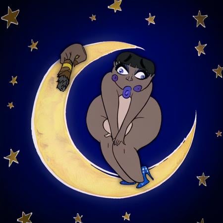 covering crotch, 1boy, crescent moon, moon, parody, Cigar, giantess, ass, black hair, knees together feet apart, bottle, high heels, blue eyes, night, lips, giant, starry sky, lipstick