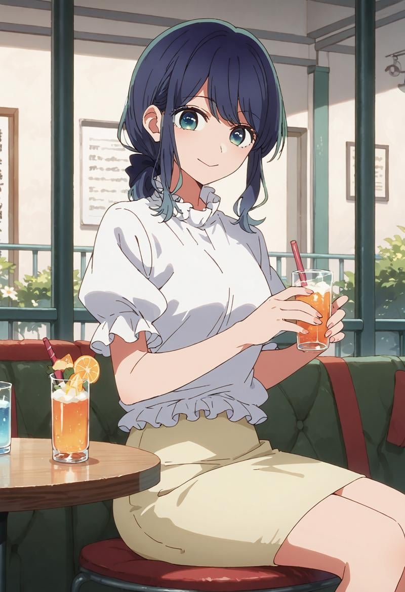 score_9, score_8_up, score_7_up, , score_ANIME,kurokawaakane, 1girl, solo, pencil skirt,, looking at viewer, short sleeves, smile, blue hair,, aqua eyes, sitting, medium hair, blouse, , bangs, closed mouth, yellow skirt, , puffy short sleeves, frilled sleeves, low ponytail, sidelocks, black bow, hair bow, <lora:kurokawaakane_pony2:1>   cowboy shot,smile, drinking glass,