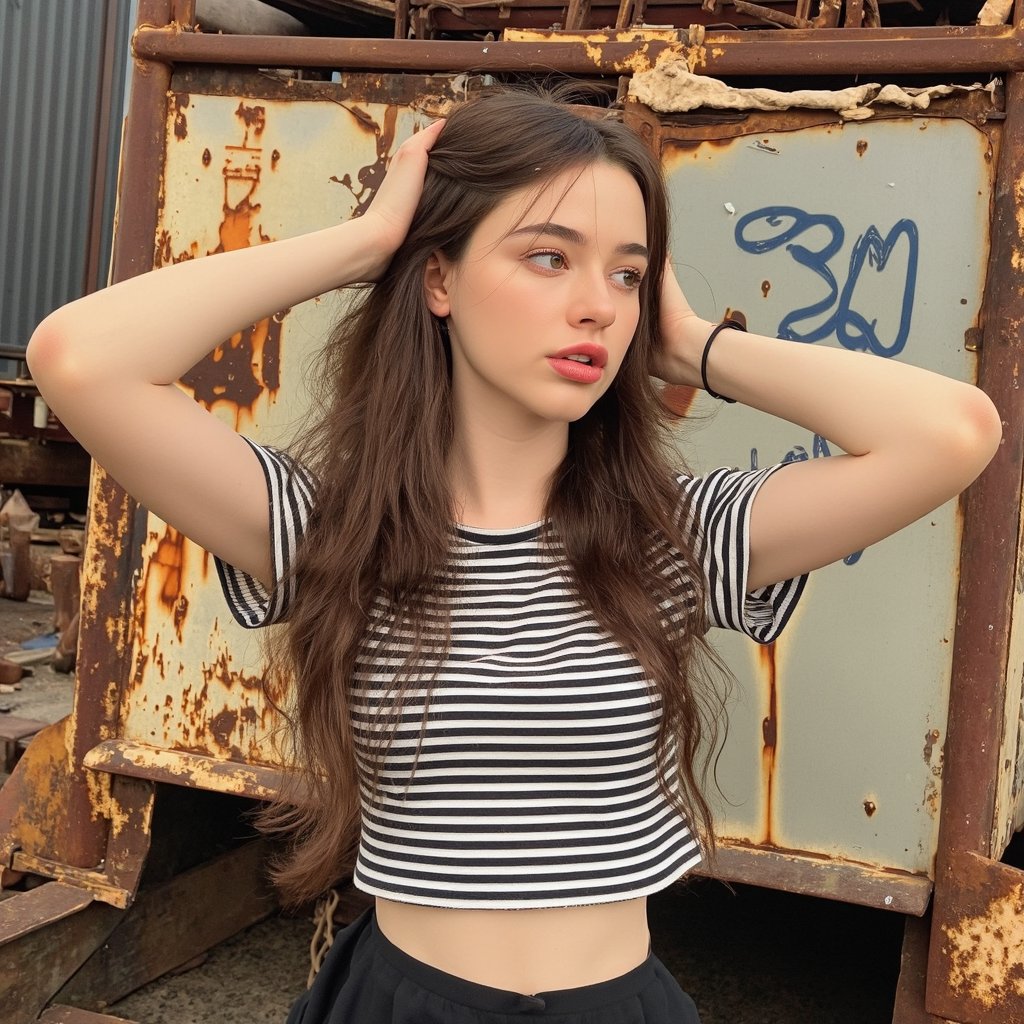 A portrait of dasha_taran standing in front of a weathered, rusted metal structure. She wears a black and white striped crop top and a black skirt. Her long, wavy hair falls down her back, and she holds her hair back with one hand, as if adjusting it. The structure behind her has the word "MAZON" written on its side. The setting appears to be an industrial or abandoned area, with visible signs of wear and tear. The color palette consists primarily of earthy tones, with the woman's dark hair contrasting against the rusty metal.