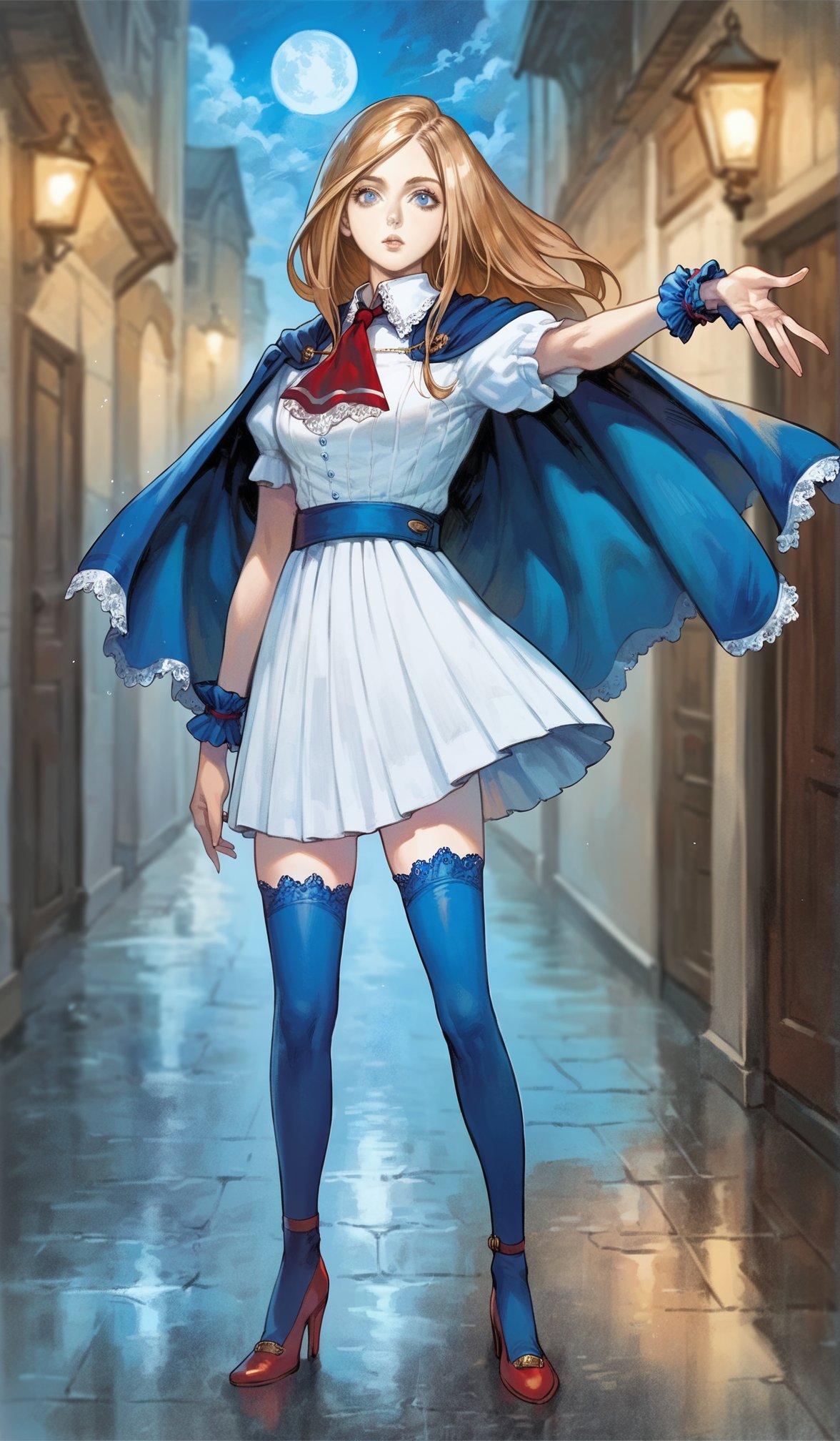 score_9,score_8_up,score_7_up,highres,highly detailed,<lora:CharlotteAulin:1>,charlotteaulin,1girl,solo,brown hair,long hair,blue eyes,looking at viewer,blue cape with white lace trim,white thigh length dress,white lace trim collar,red tie with white lace trim,short puffed sleeves,blue wrist cuffs,(blue wrap skirt:1.1),blue lace thigh socks,full body,red heels,blurry background,vignetting,outdoors,courtyard,(night:1.2),dark,full moon,dark,light particles,cloudy,rainy days,