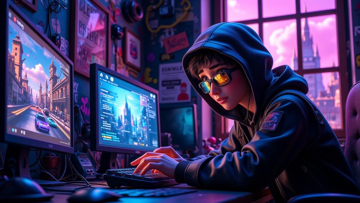 A  cute cyberpunk hacker in a dimly lit room filled with multiple computer screens, neon lights casting a blue and purple glow. The hacker, wearing a hooded jacket and reflective glasses, types rapidly on a keyboard surrounded by wires and tech gadgets. The room's walls are covered with graffiti and posters, and a window shows a futuristic cityscape with flying cars and towering skyscrapers. The style is gritty and high-contrast, capturing the edgy, rebellious spirit of the cyberpunk genre   <lora:Cute_3d_Cartoon_Flux:0.6>