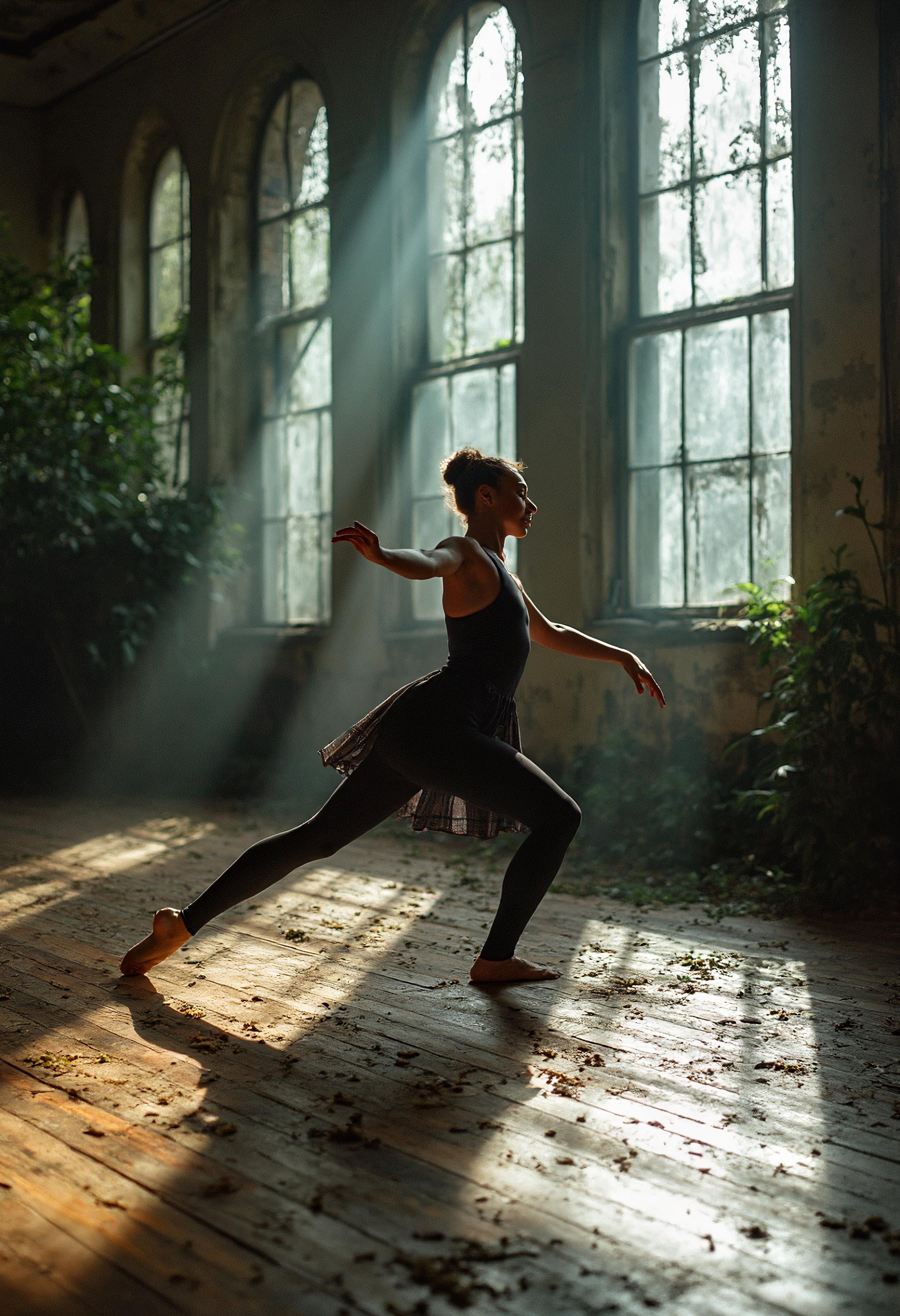 A waist up shot of a dancer captured mid-movement with dynamic motion blur, showcasing the elegance and fluidity of their pose. The scene is set in a beautiful, abandoned dance studio with old hardwood floors that are worn and creaky. Huge, dirty windows let in shafts of light, casting dramatic, scattered patterns across the floor. Overgrown plants encroach upon the space, adding a touch of wildness and decay. The atmosphere is a blend of grace and neglect, with the dancer's motion contrasting starkly against the neglected surroundings. Grainy, grain, film grain, candid, high contrast, film burn, analog texture, off-centered, asymmetrical, highlight bloom, filmic glow, blown-out highlights, moody, herbstphoto, herbst photo. <lora:Herbst_Photo_Extra_Texture-0000020:2.0> <lora:realism_lora:1.0><lora:Herbst Photo Lora Test_00490_:0>