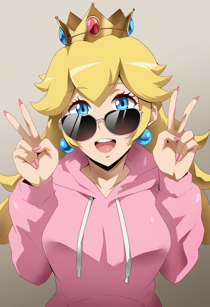 score_9, score_8_up, score_7_up, score_6_up, BREAK princess peach,hoodie,crown,sunglasses,smile,double v  FAP_ARTSTYLE_hara_harayutaka_ownwaifu