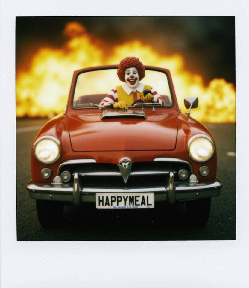 Polaroid of Ronald McDonald driving a vehicle in Twisted Metal with a vanity plate that reads HAPPYMEAL, background explosions <lora:Polaroid_Flux:1.0><lora:ComfyUI_30178_:0>