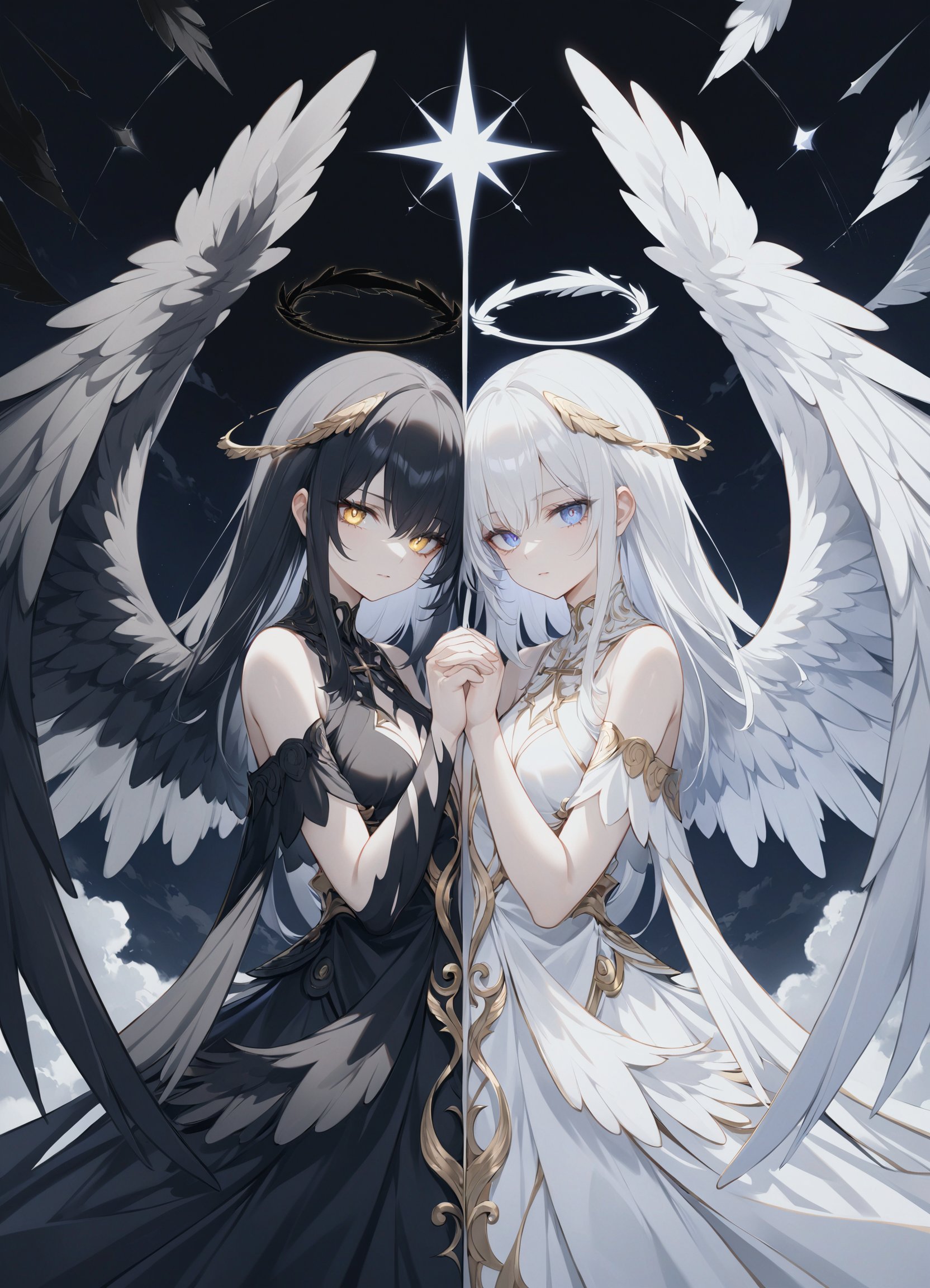 2girls,An intricate illustration featuring a holy angel and the other half depicting a fallen angel.(((((split theme))))), symmetry:1.5,heterochromatic pupil,BREAK white_angel with white further wing, light halo,white tone color,exudes purity and grace, with shimmering white wings and a serene expression,dark blue eye,BREAK black_angel with black further wing,dark halo,black tone color,embodies darkness and rebellion, with tattered black wings and a defiant gaze,golden eye,The background is a complex and detailed composition, reflecting the duality of the figure. It combines celestial elements such as stars and clouds,representing the contrast between heavenly and sinister forces,high angel,six wings,in a solemn atmosphereThe overall result is a captivating portrayal of the female figure as a fusion of both divine and fallen aspects, beautifully rendered in a style that captures the complexity and intrigue of this dual nature.