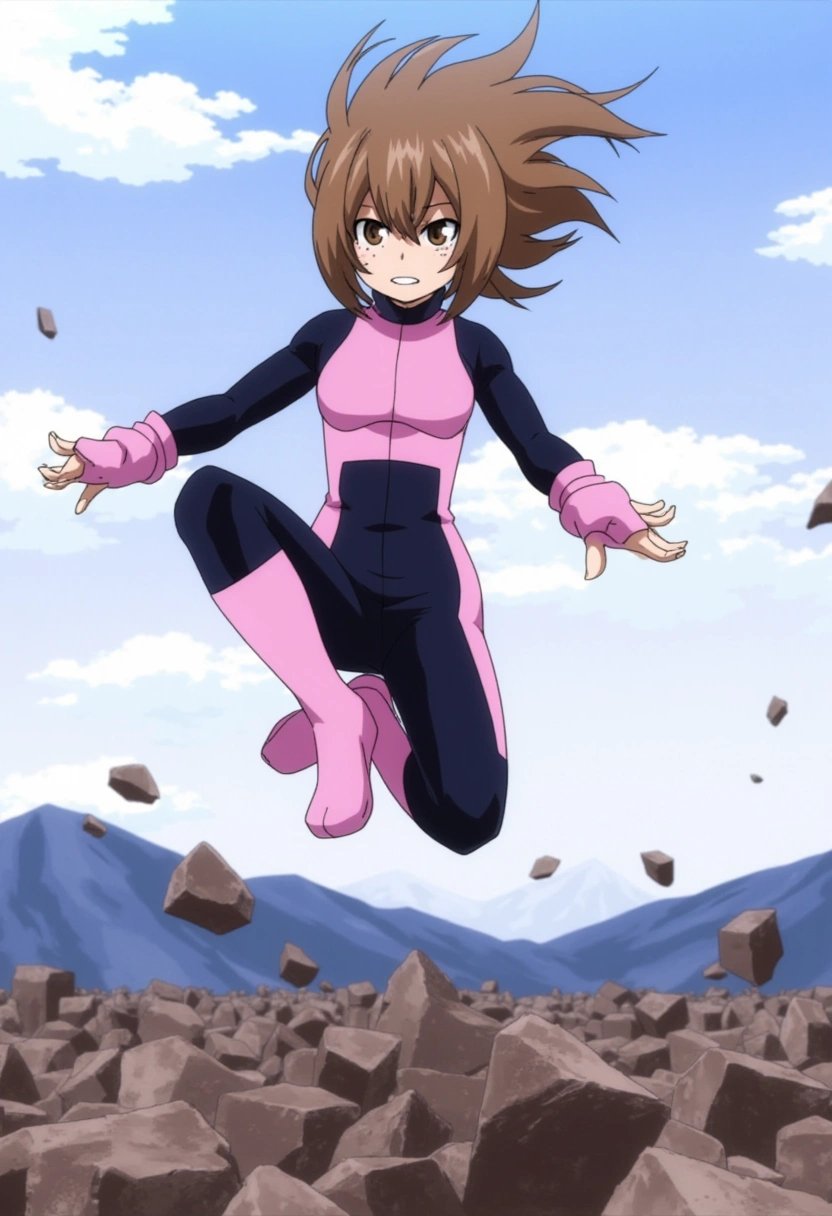 Ochako Uraraka, a petite girl with shoulder-length brown hair and big, round eyes. She wears a pink and black skin-tight hero suit with round wrist gauntlets. Her body floats gracefully above a battlefield, and small rubble hovers around her, weightless thanks to her gravity powers. The wind gently blows her hair as she looks down with determination. boku_no_hero_academia_style