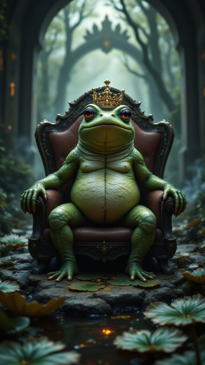 A frog wearing a crown and sitting on a makeshift throne of lily pads, with the caption: "When you're the ruler of the pond and it's time to dispense some royal decrees." Absurdres, ultra realistic, professional lightning many details, extreme detailed, full of details, Wide range of colors , aidmafluxpro1.1