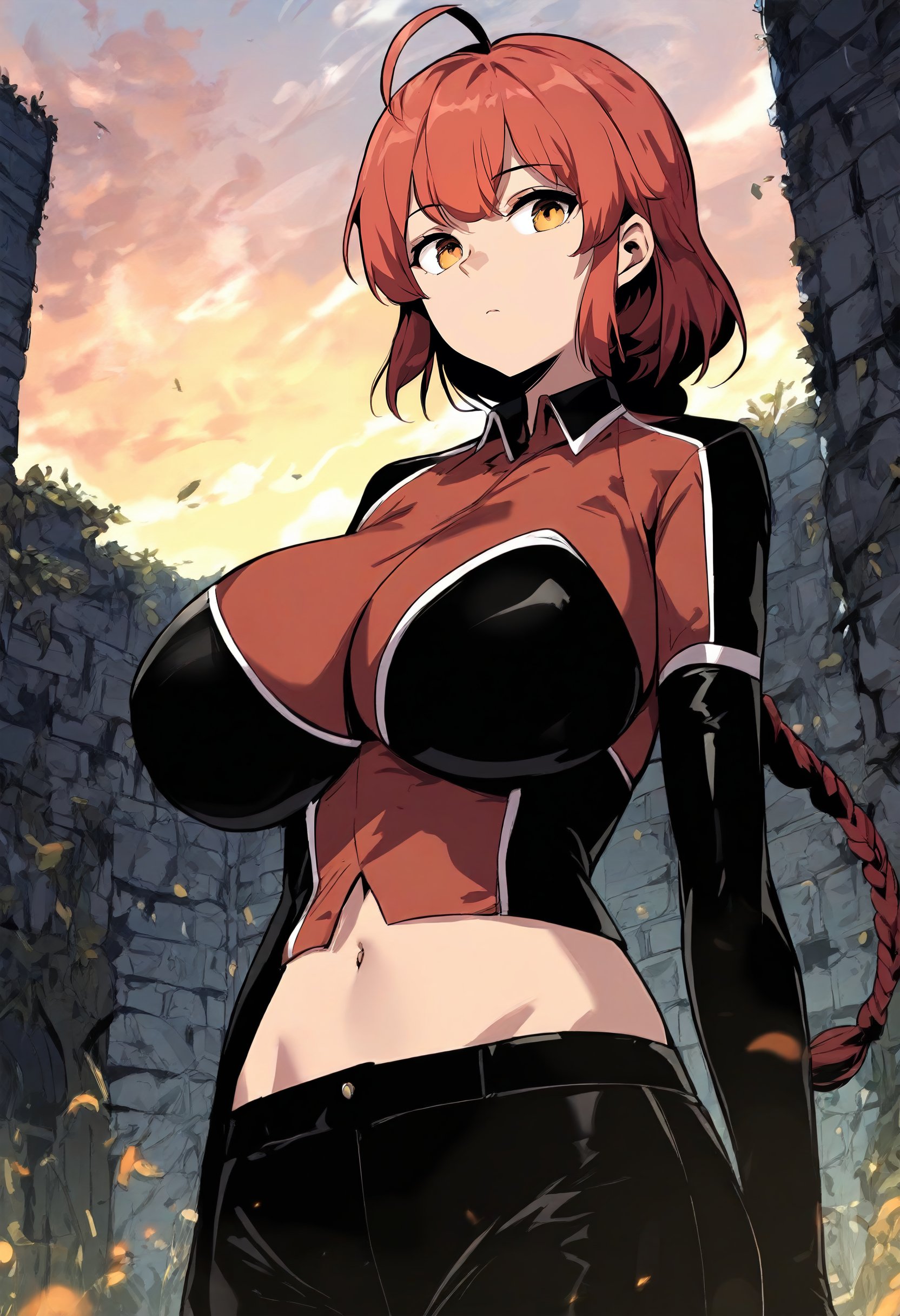 score_9, score_8_up, score_7_up, score_6_up, source_anime, rating_explicit, 1girl, solo, huge breasts, <lora:Han Hari prefectPonyxl:0.9> red hair, ahoge, yellow eyes, short hair, brown eyes, sidelocks, ahoge, braided ponytail, long hair, clothes1, red bodysuit, collared shirt, black collared, elbow gloves, black gloves, black bodysuit, midriff, navel, black pants, expressionless, dungeon, outdoors, looking at viewer, close-up