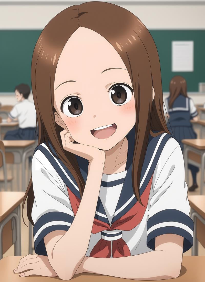 anime screencap, score_9, score_8_up, score_7_up, source_anime BREAK best quality, ((masterpiece)), highly detailed, ultra-detailed, (illustration), (beautiful detailed eyes) BREAK takagi-san, 1girl, solo, long hair,  indoors, classroom, blurry background:1.3 BREAK upper body, school uniform, white serafuku, short sleeves, blue sailor collar, red neckerchief, sitting, laughing, head rest, looking at viewer <lora:takagi-san_v1.0:0.9>