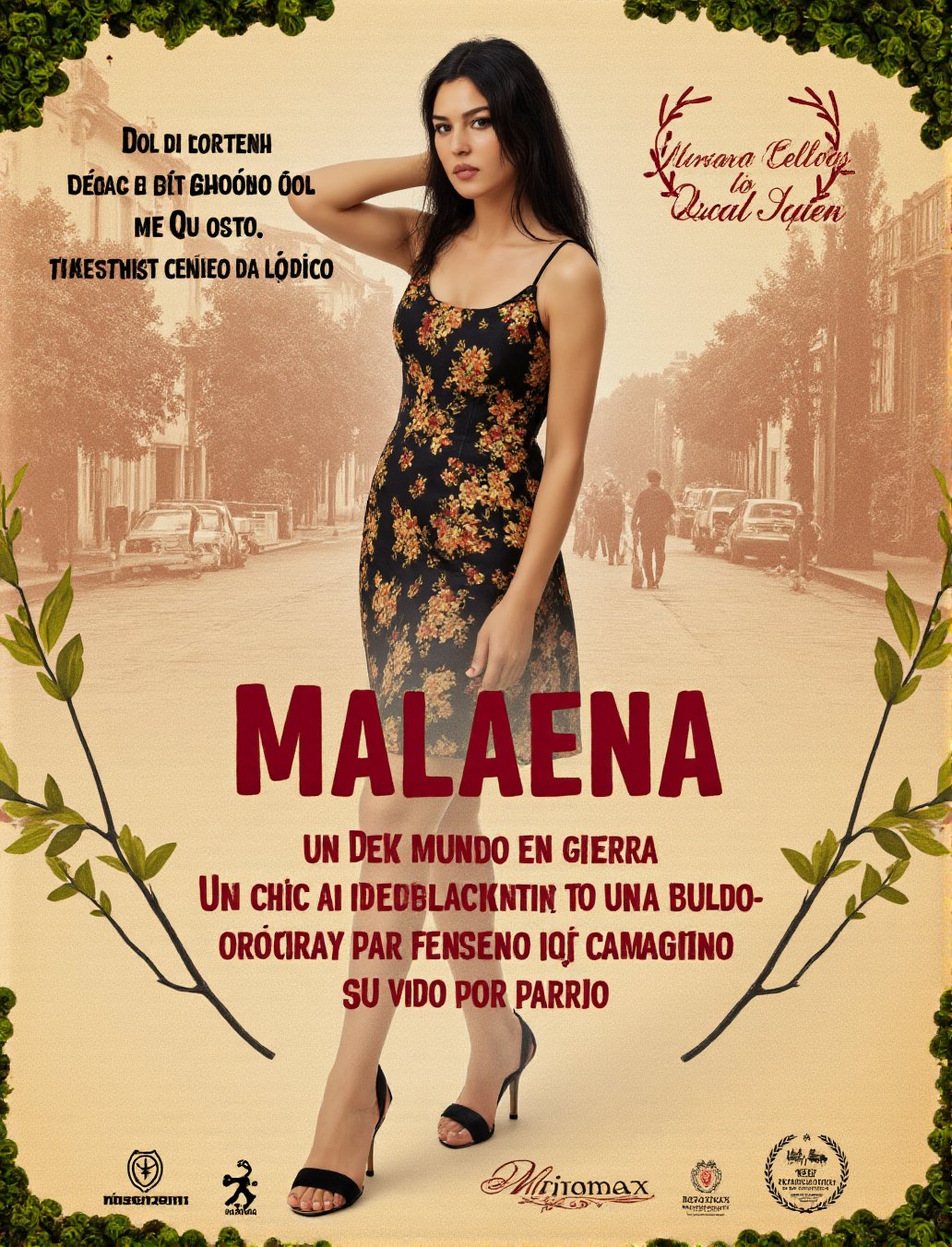 This image is a promotional poster for the movie "Malaena," featuring a woman with long, dark hair styled in loose waves, gazing intently into the camera. She has a light complexion and is dressed in a sleeveless, floral-patterned dress that falls to mid-thigh. Her expression is serious, with her lips slightly parted. She is wearing black high-heeled sandals. The background is a sepia-toned, vintage-style photograph of an urban street scene with a few people walking and a bicycle. The image is framed by a decorative border of green leaves and vines, giving it a romantic, old-world feel. The text at the top reads, "Del director de la ganadora del Oscar al mejor cine paródico," indicating the film's director's previous success. Below, the title "Malaena" is prominently displayed in large, bold red letters, with additional text in Spanish below it, stating, "Un mundo en guerra, un chico adolescente, una chica adolescente, que caminan su vida por parejo." At the bottom, there are various logos for the film's production and distribution companies, including Miramax. The overall color palette is warm and nostalgic, with earthy tones and a vintage aesthetic.,Monica Bellucci, <lora:Monica_Bellucci_Flux_V1:1>,<lora:Sandals_Flux_V1:1>