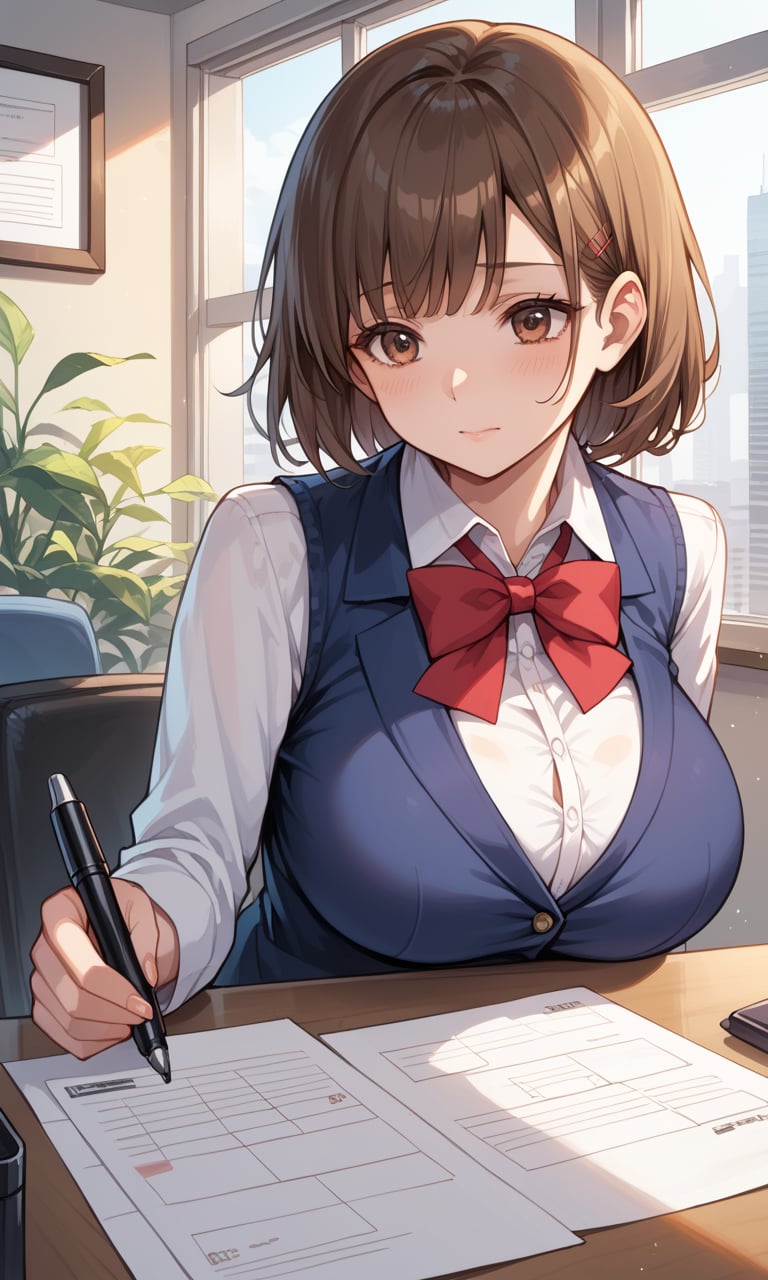 score_9, score_8_up, score_7_up, score_6_up, source_anime, BREAK, 1girl, matured female, brown eyes, huge breasts, vest, bow, best quality, hires, detailed face, office, buildings from window, detailed background, diffused sunlight, depth of field, bokeh, hand, holding pen