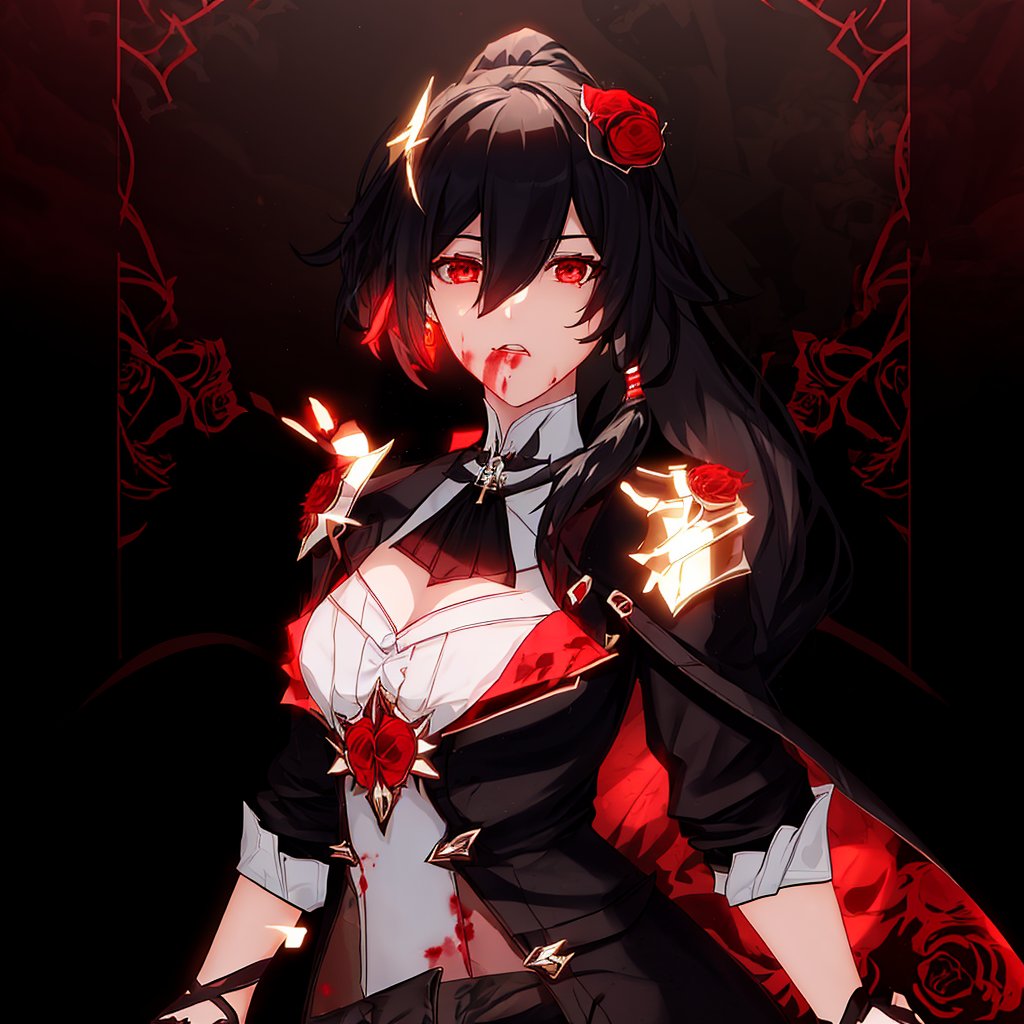 red flower, black hair, rose, red rose, high heel boots, multicolored hair, ponytail, shoulder armor, armor, bangs, jewelry, blood, hair between eyes, boots, cleavage, black legwear, high heels  boots, garter straps, hair flower, gloves, thighhighs, hair ornament, red eyes, long hair<lora:符华-月轮-血月-2.0:0.8>