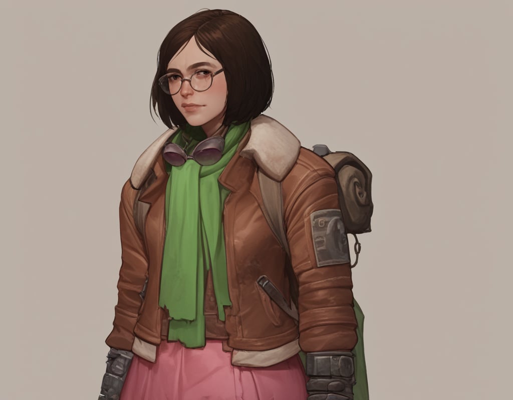 score_9, score_8_up, score_7_up, solo focus, Nat-Wright, Fallout4,  1girl, solo, brown hair, short hair, jacket, green scarf, pink skirt,  geeky glasses, <lora:Fo4_Natalie_Nat_Wright:1>