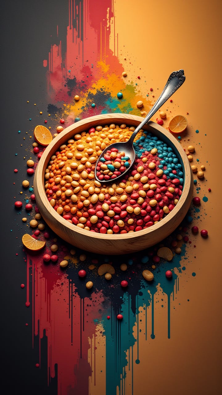 stylized by Tony Moore, Concept art, a vibrant and colorful canvas comes alive with the aroma of freshly baked pinto beans. The bean is made up of intricately colored lines, each one representing a different color palette. A spoon rests on top of the bean, Depth of field 270mm, aidmainkstyle